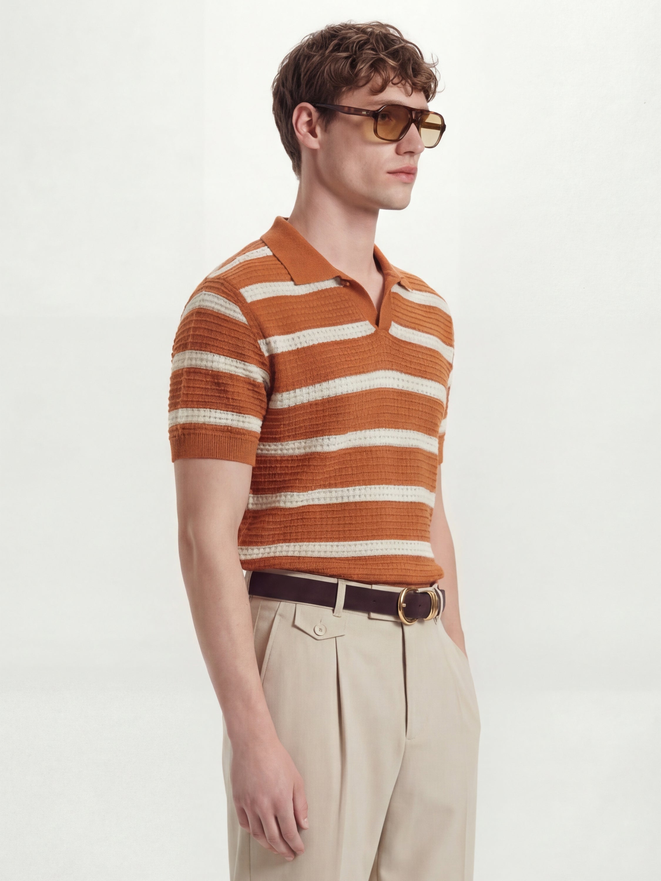 Highlander Men Rust Self Design Polo Collar T-Shirt - Rust - Image 6
