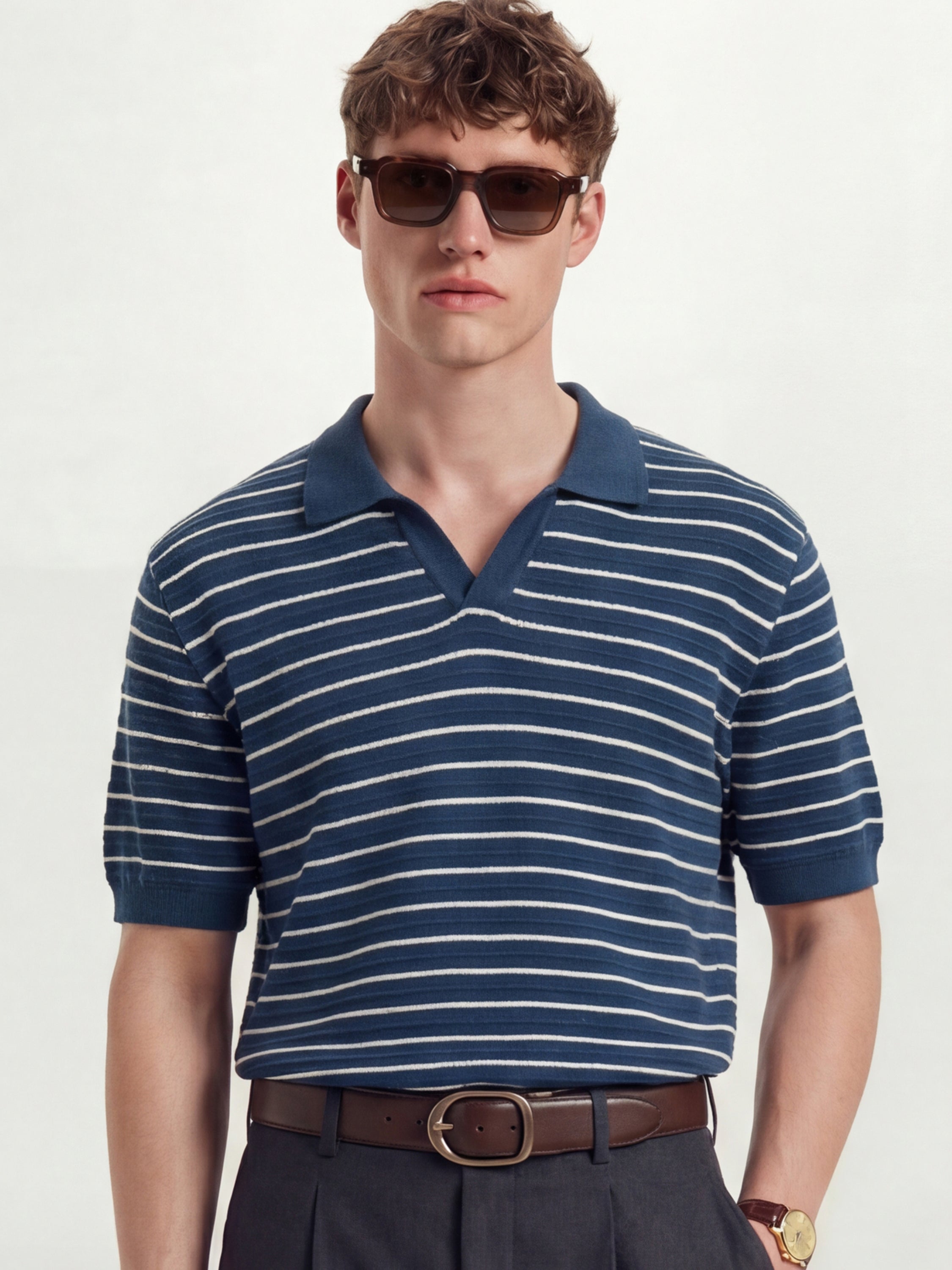 Highlander Men Navy Blue Self Design Polo Collar T-Shirt - Navy Blue - Image 1