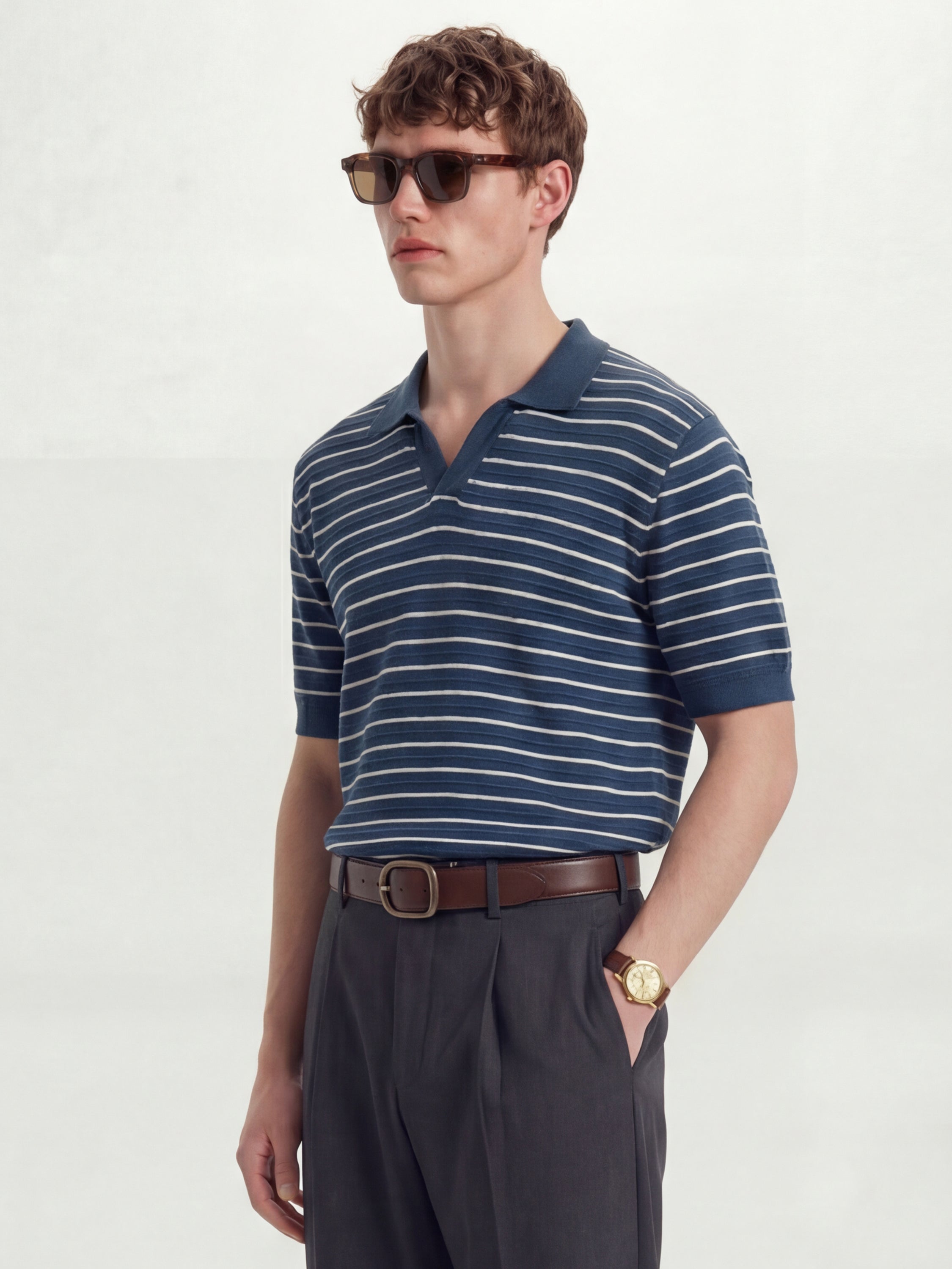 Highlander Men Navy Blue Self Design Polo Collar T-Shirt - Navy Blue - Image 4