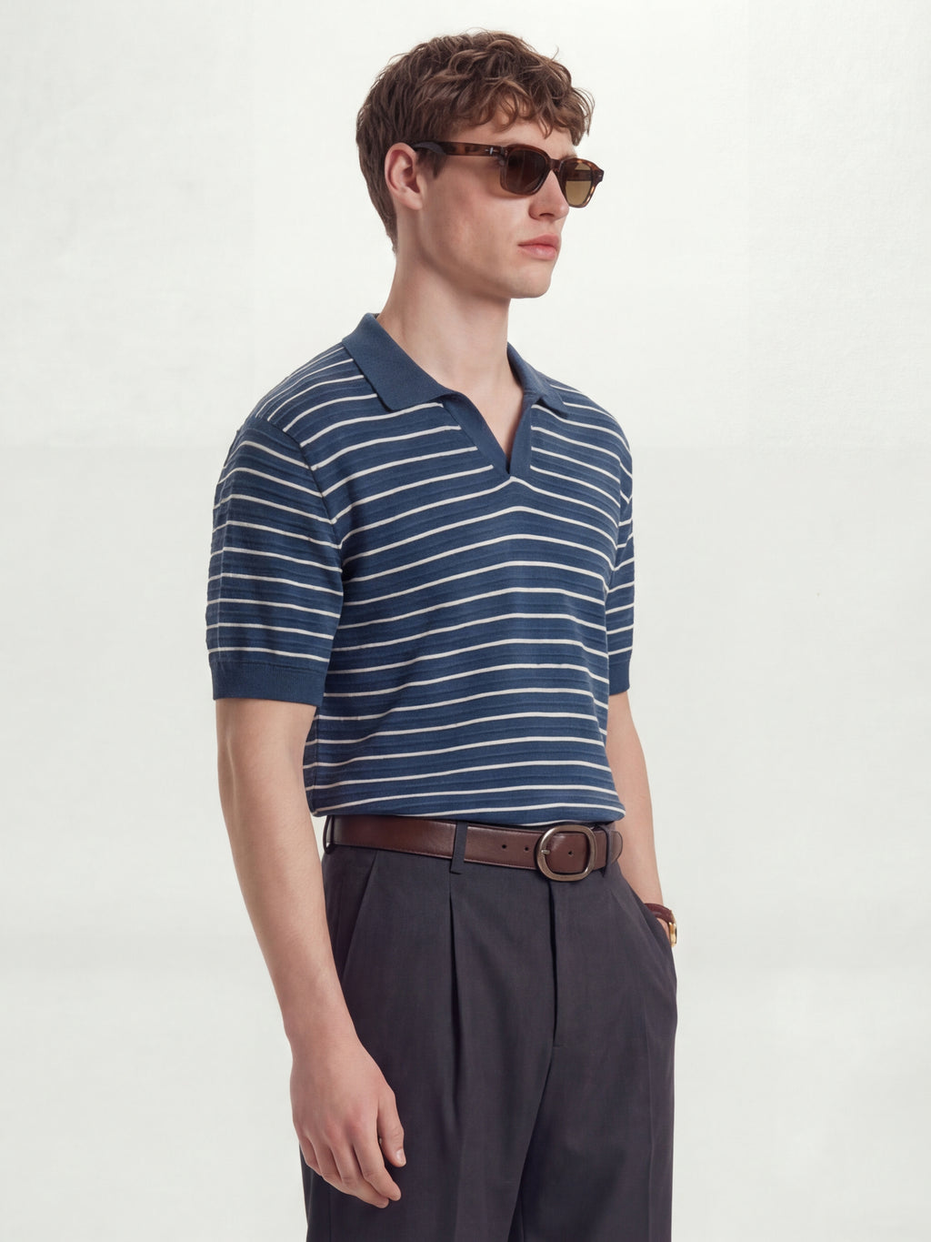 Highlander Men Navy Blue Self Design Polo Collar T-Shirt - Navy Blue - Image 6