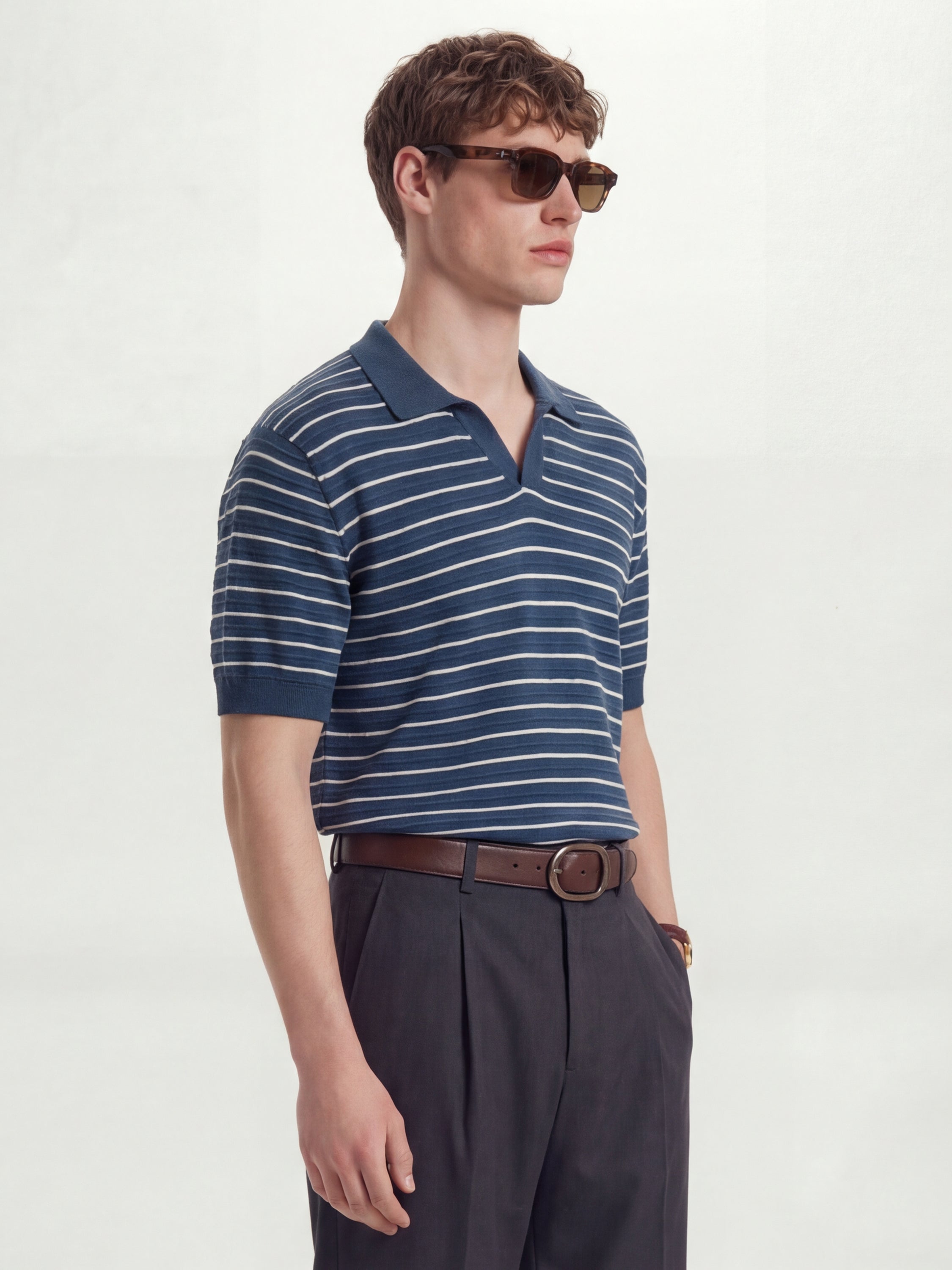 Highlander Men Navy Blue Self Design Polo Collar T-Shirt - Navy Blue - Image 6