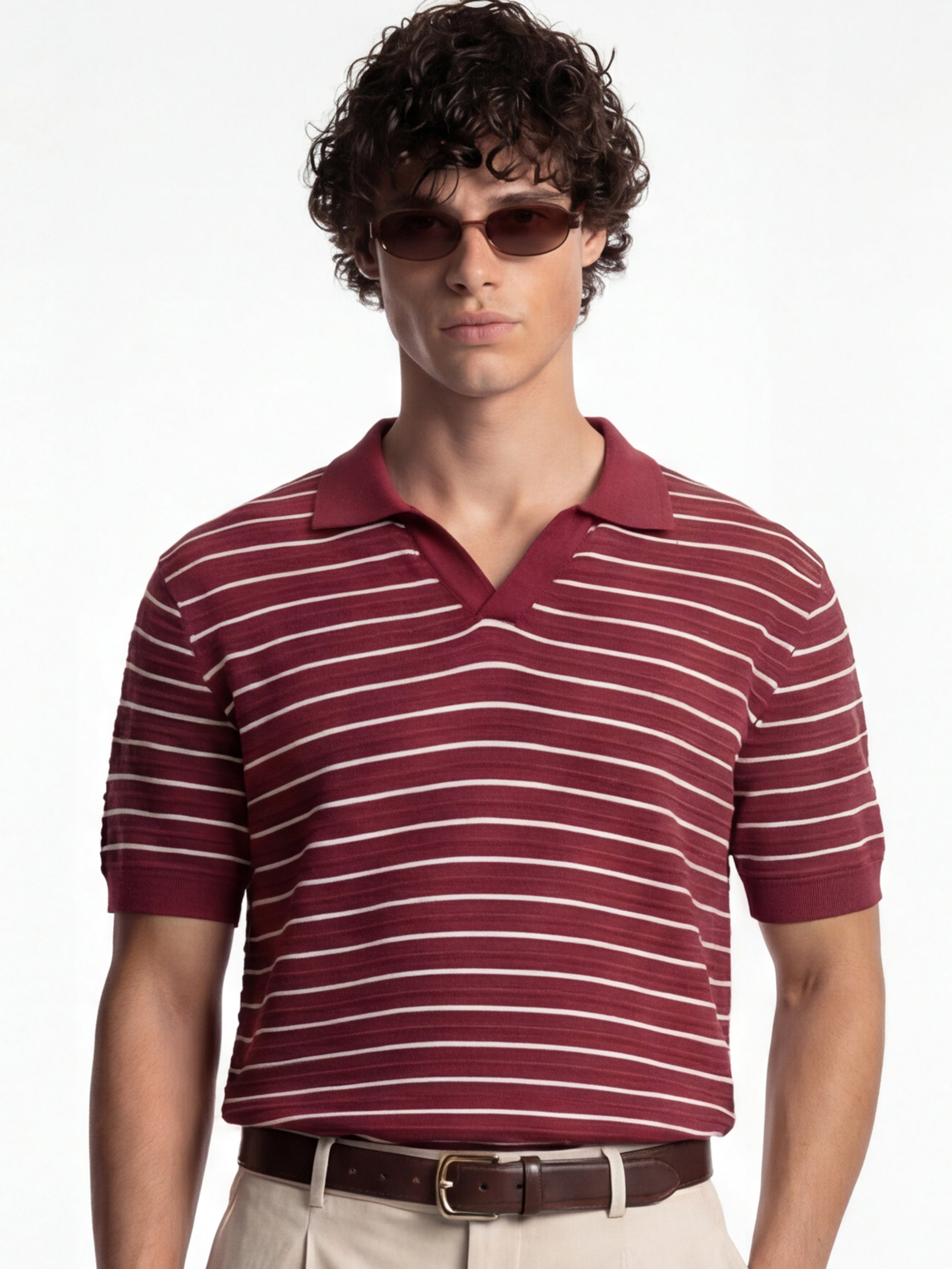 Highlander Men Burgundy Self Design Polo Collar T-Shirt - Burgundy - Image 1