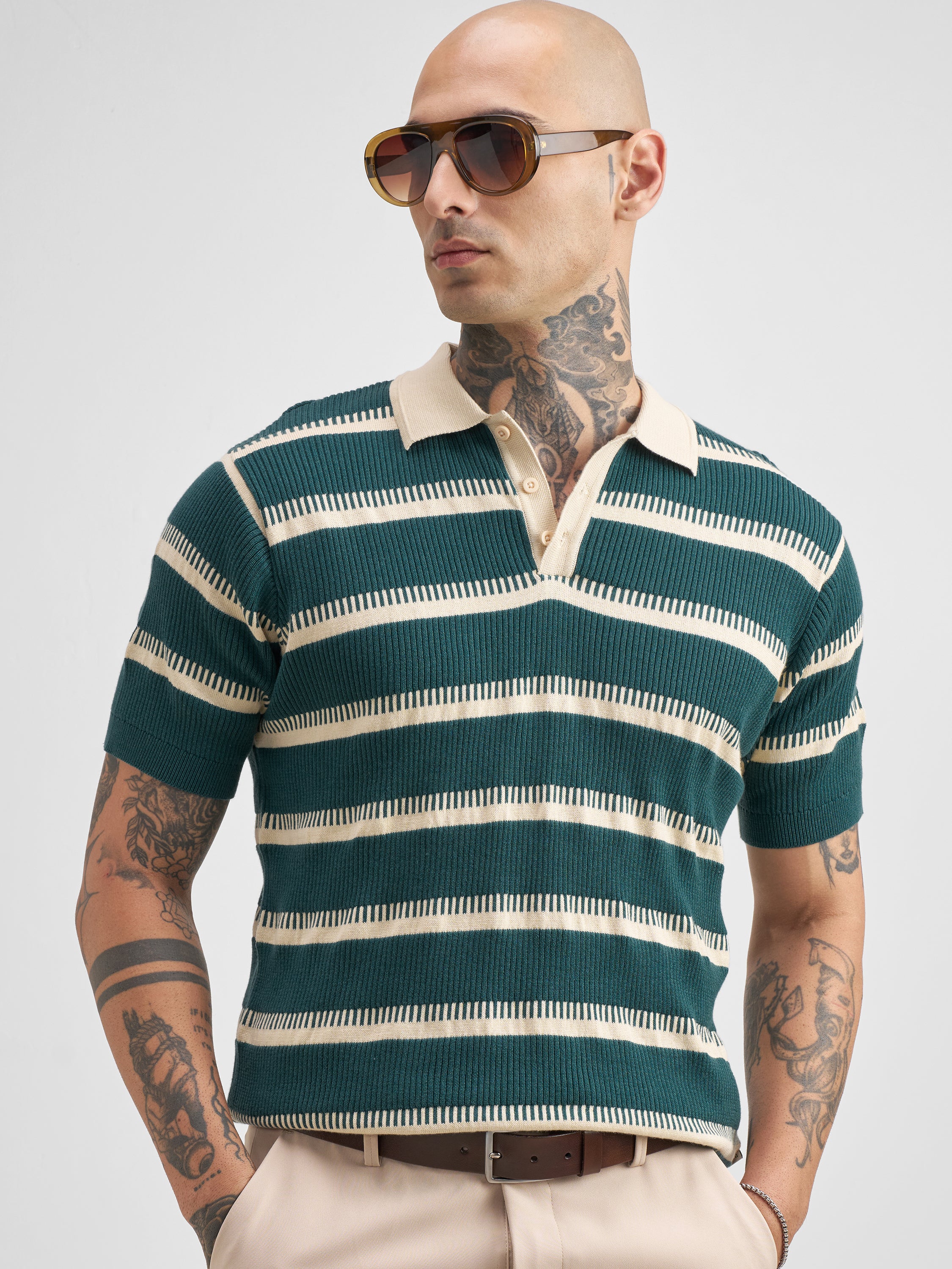 Highlander Men Teal Self Design Polo Collar T-Shirt - Teal - Image 1