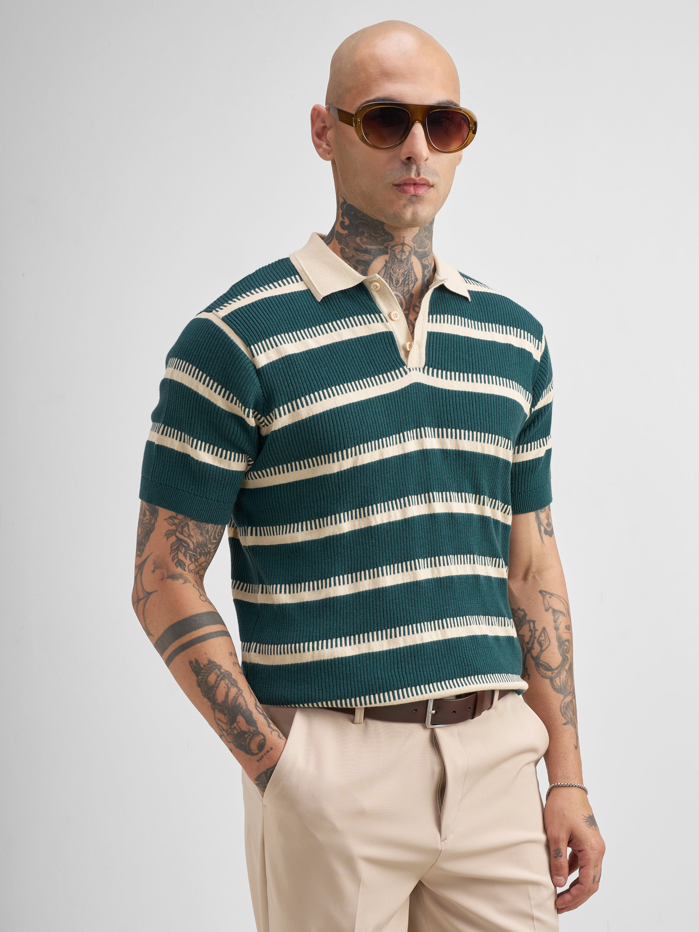 Highlander Men Teal Self Design Polo Collar T-Shirt - Teal - Image 6