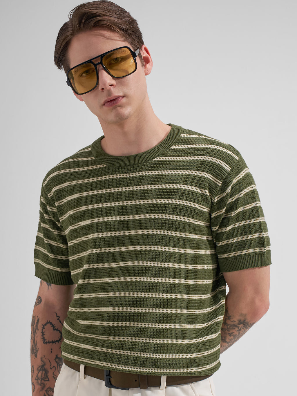 Highlander Men Olive Striped Round Neck T-Shirt