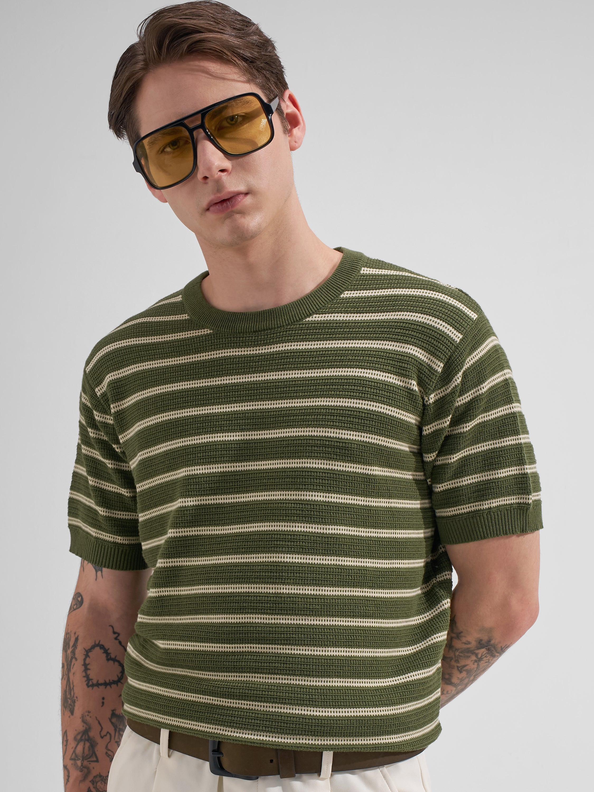 Highlander Men Olive Striped Round Neck T-Shirt