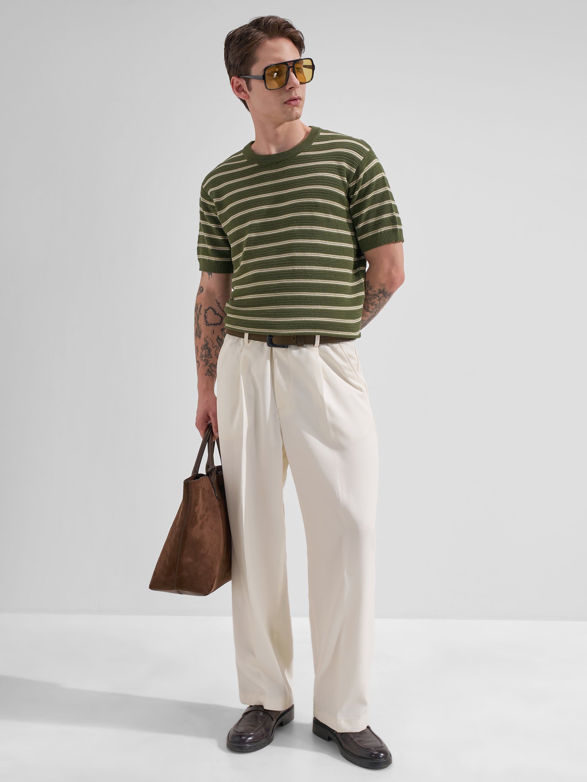 Highlander Men Olive Striped Round Neck T-Shirt