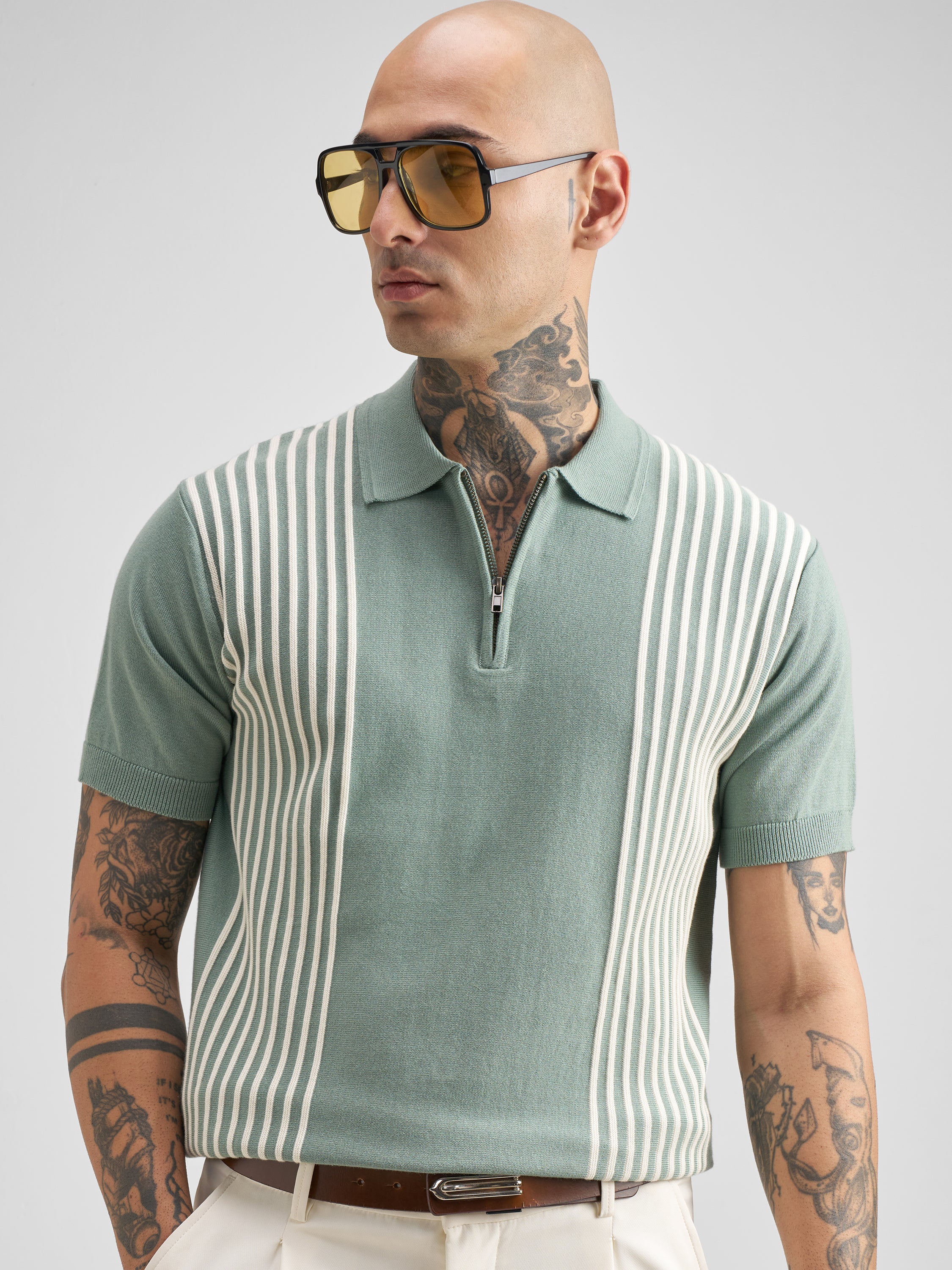 Highlander Men Green Self Design Polo Collar T-Shirt - Green - Image 1