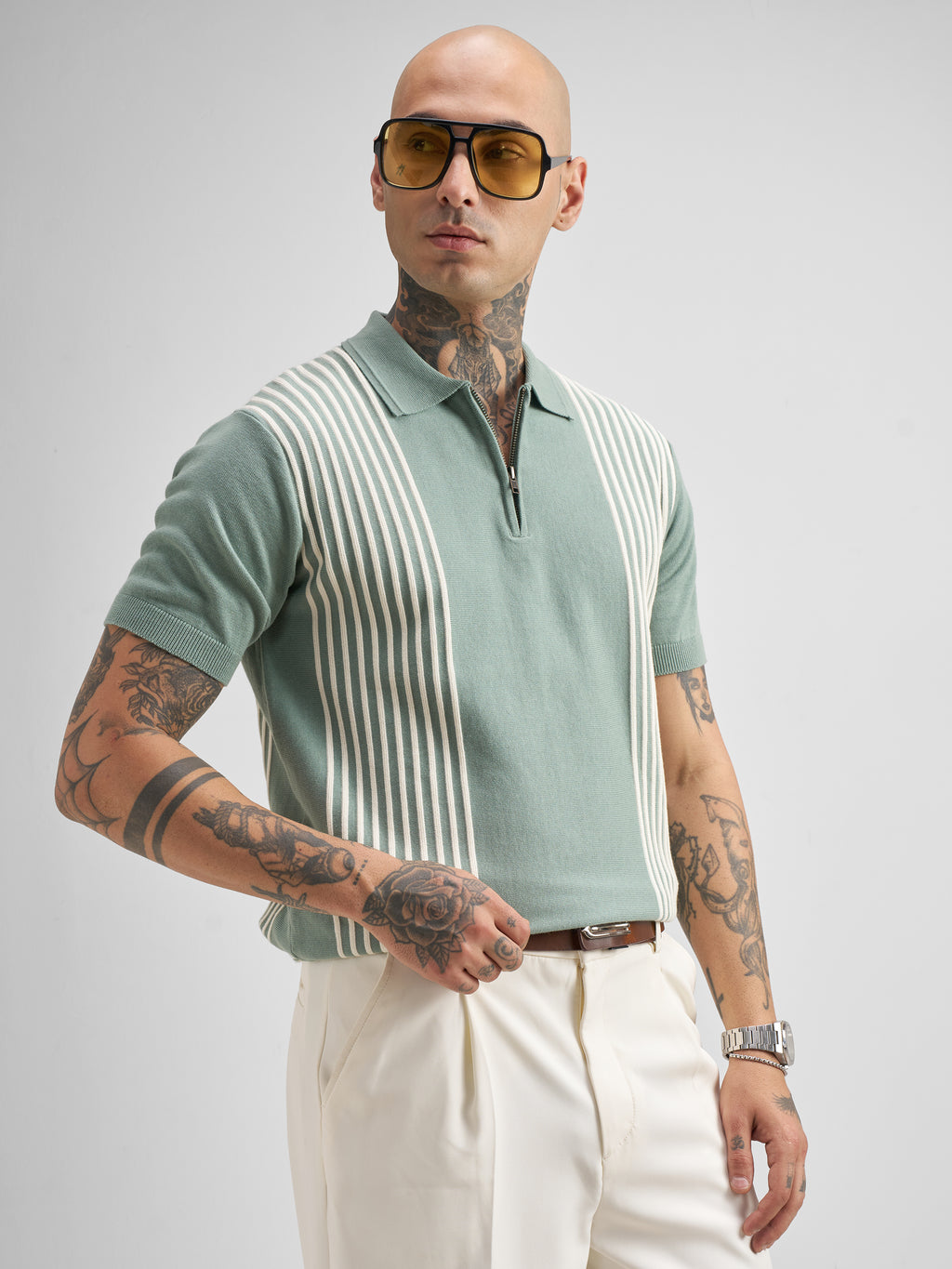 Highlander Men Green Self Design Polo Collar T-Shirt - Green - Image 6