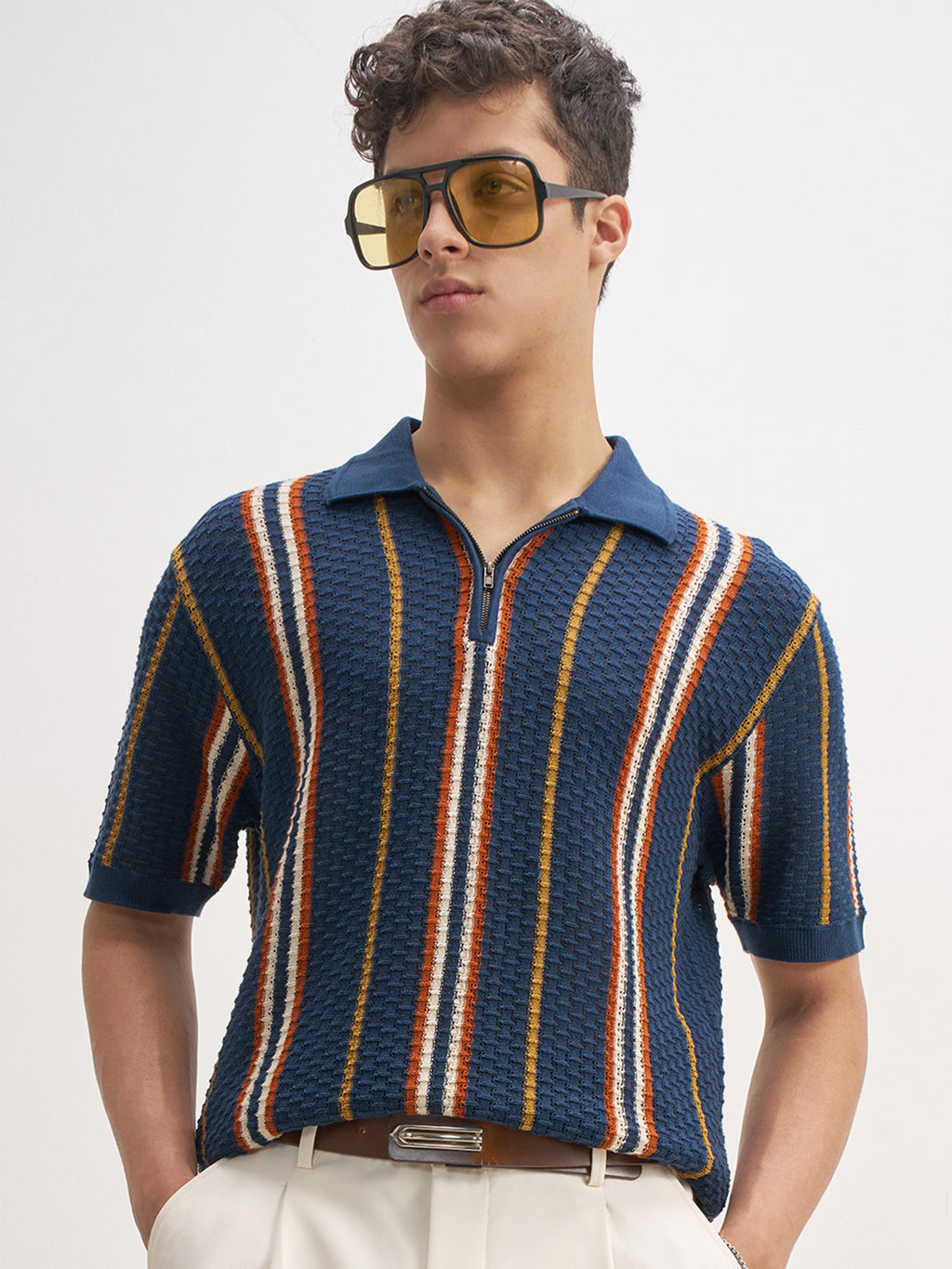 Highlander Men Navy Blue Self Design Polo Collar T-Shirt - Navy Blue - Image 1