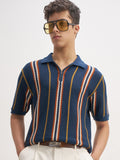 Highlander Men Navy Blue Self Design Polo Collar T-Shirt - Navy Blue - Image 1