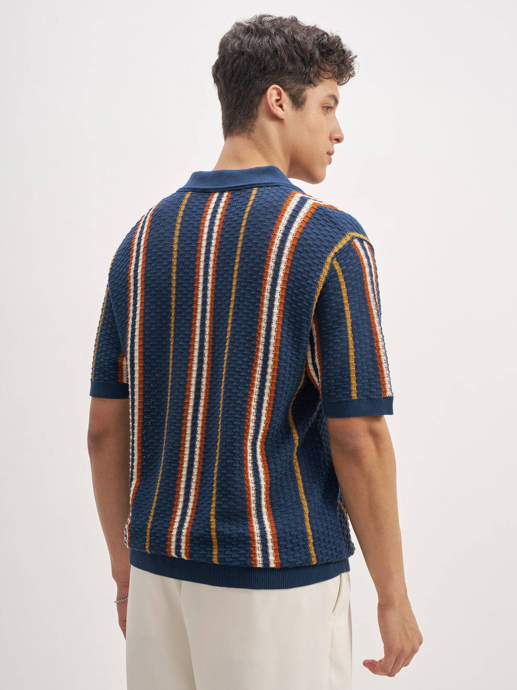 Highlander Men Navy Blue Self Design Polo Collar T-Shirt - Navy Blue - Image 3