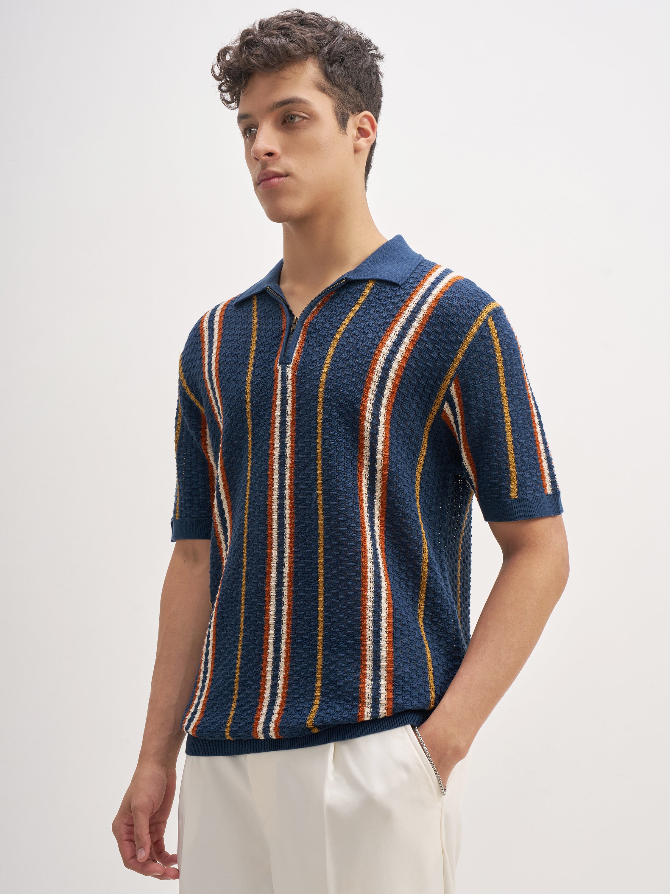 Highlander Men Navy Blue Self Design Polo Collar T-Shirt - Navy Blue - Image 4