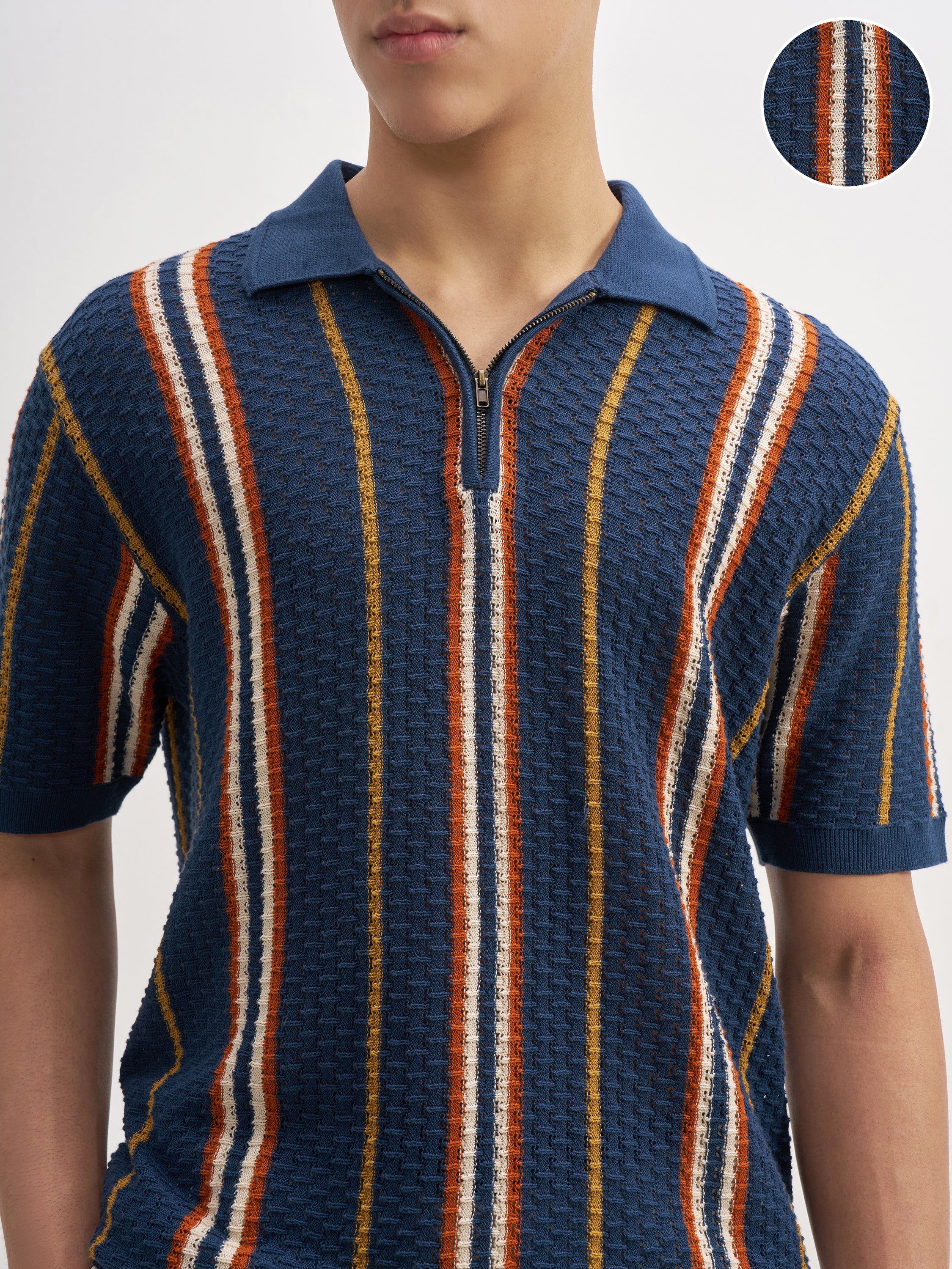 Highlander Men Navy Blue Self Design Polo Collar T-Shirt - Navy Blue - Image 5