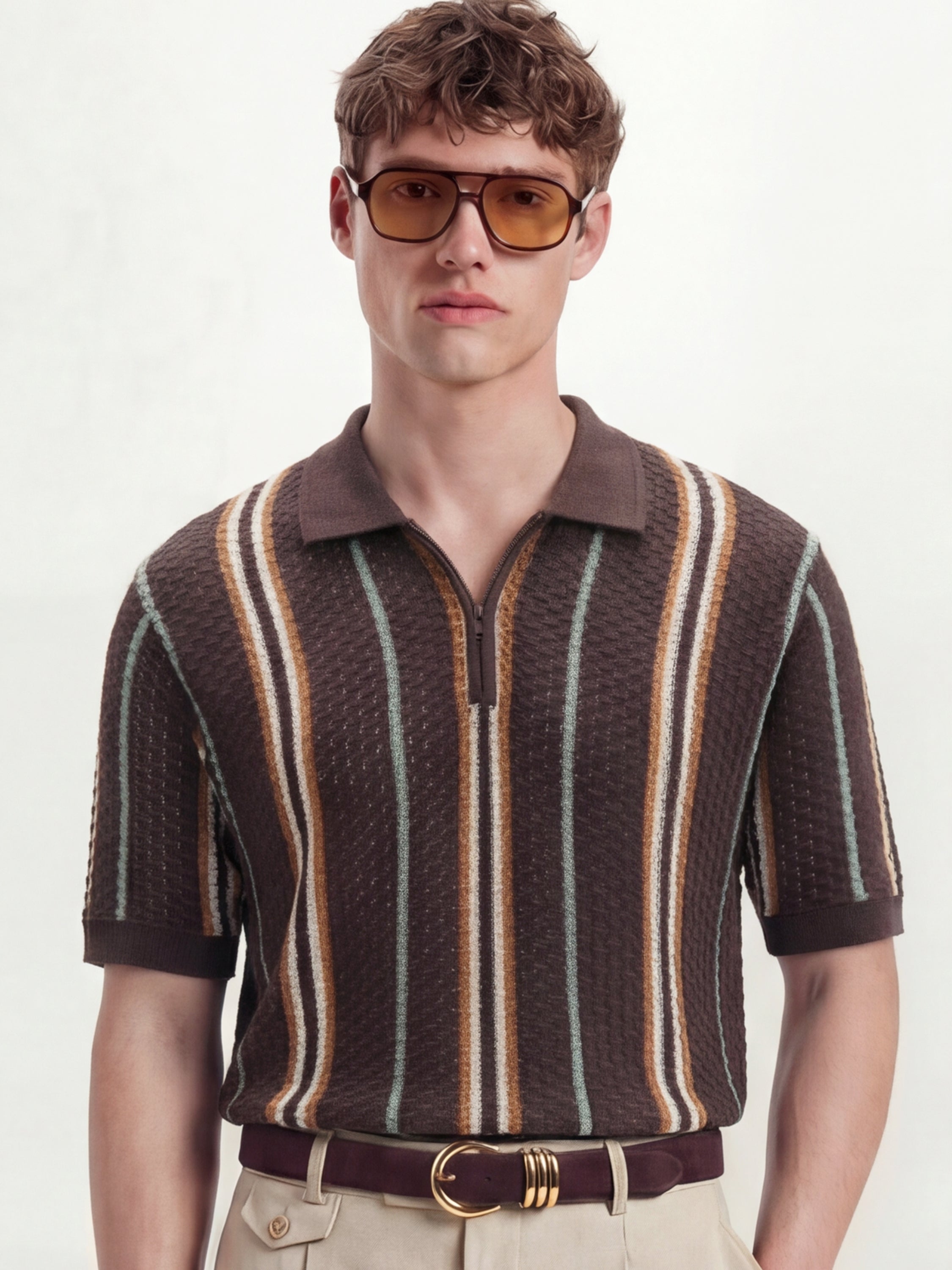 Highlander Men Brown Self Design Polo Collar T-Shirt - Brown - Image 1