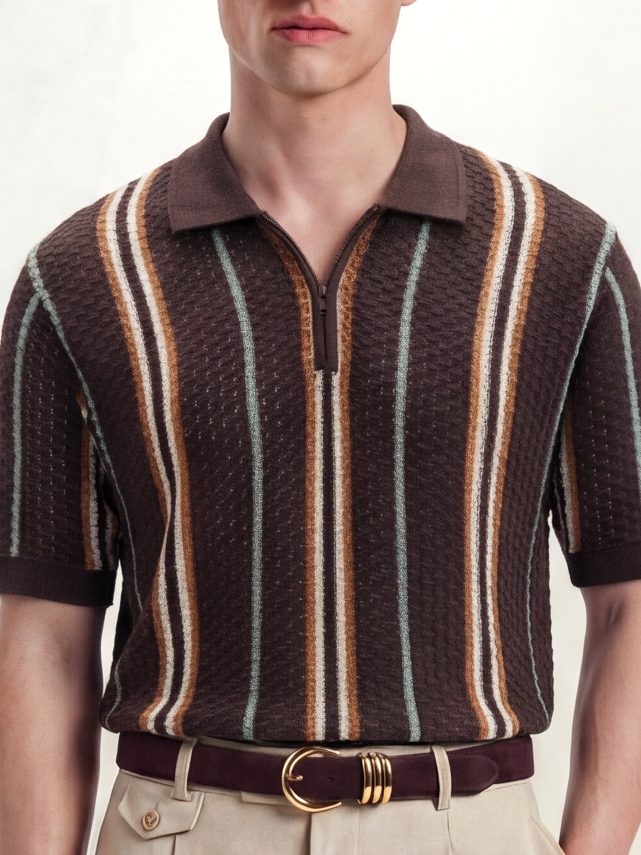 Highlander Men Brown Self Design Polo Collar T-Shirt - Brown - Image 5
