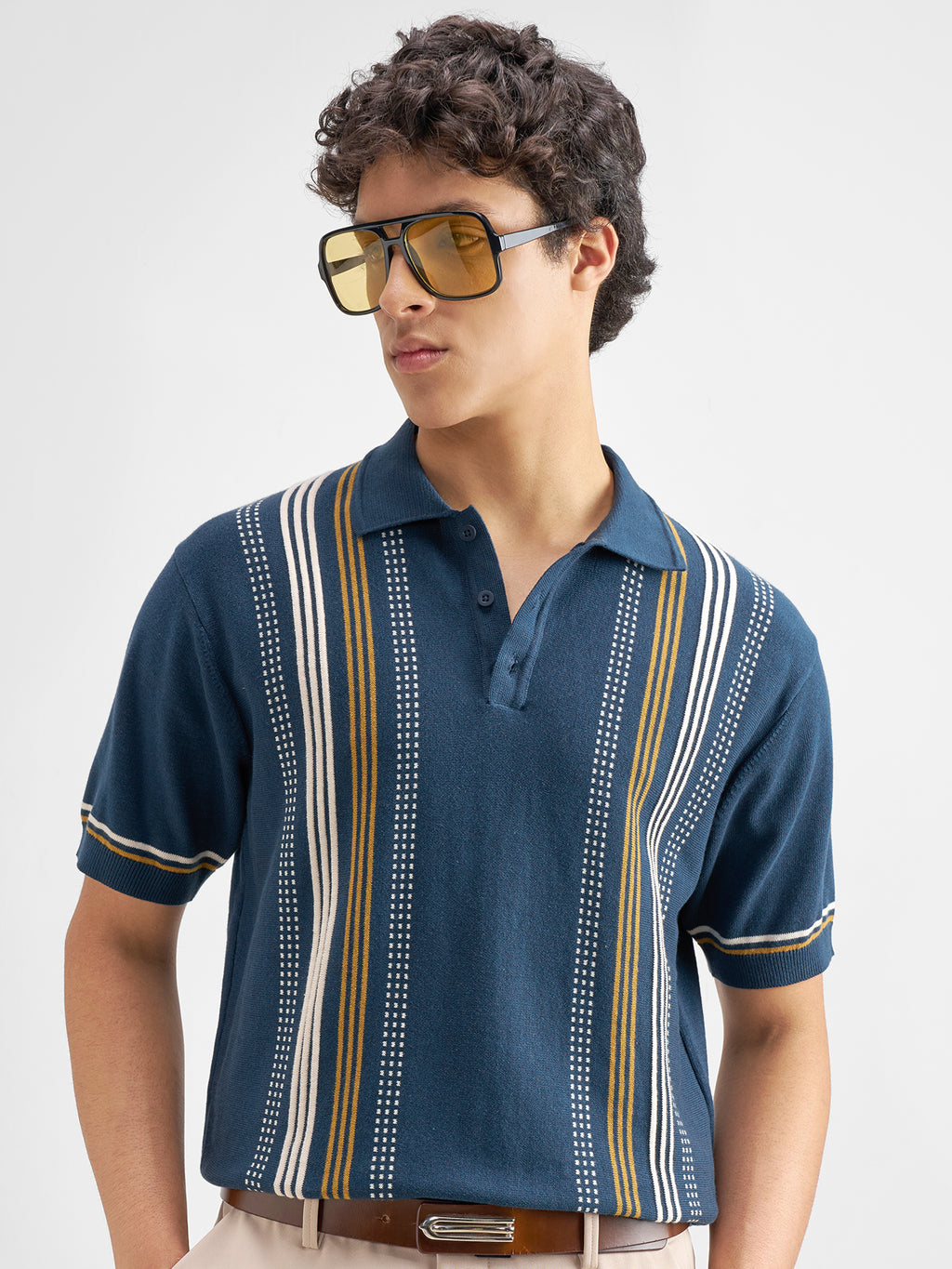 Highlander Men Navy Blue Striped Polo Collar T-Shirt - Navy Blue - Image 1