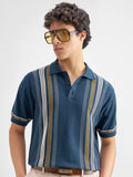 Highlander Men Navy Blue Striped Polo Collar T-Shirt - Navy Blue - Image 1