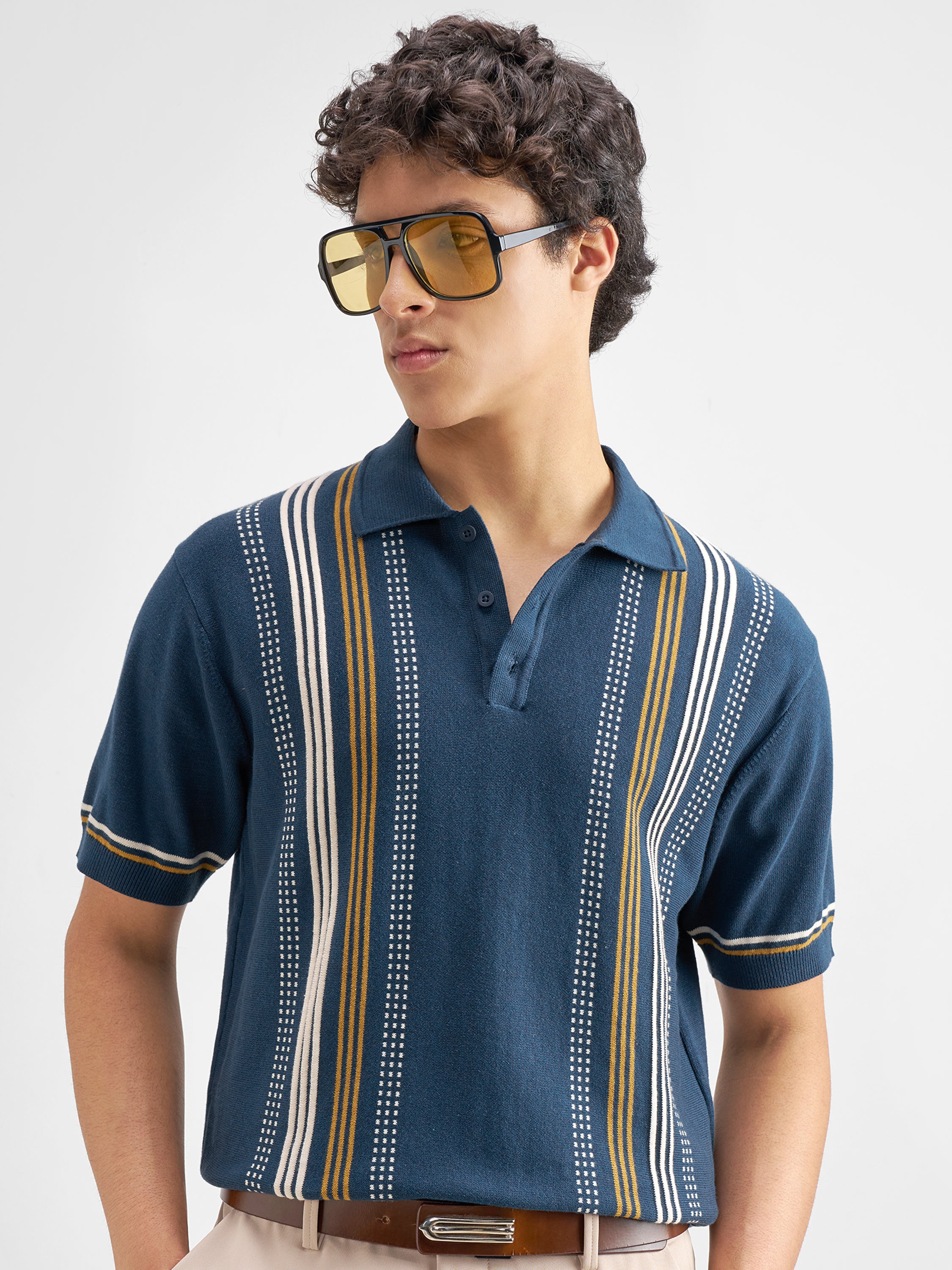 Highlander Men Navy Blue Striped Polo Collar T-Shirt - Navy Blue - Image 1
