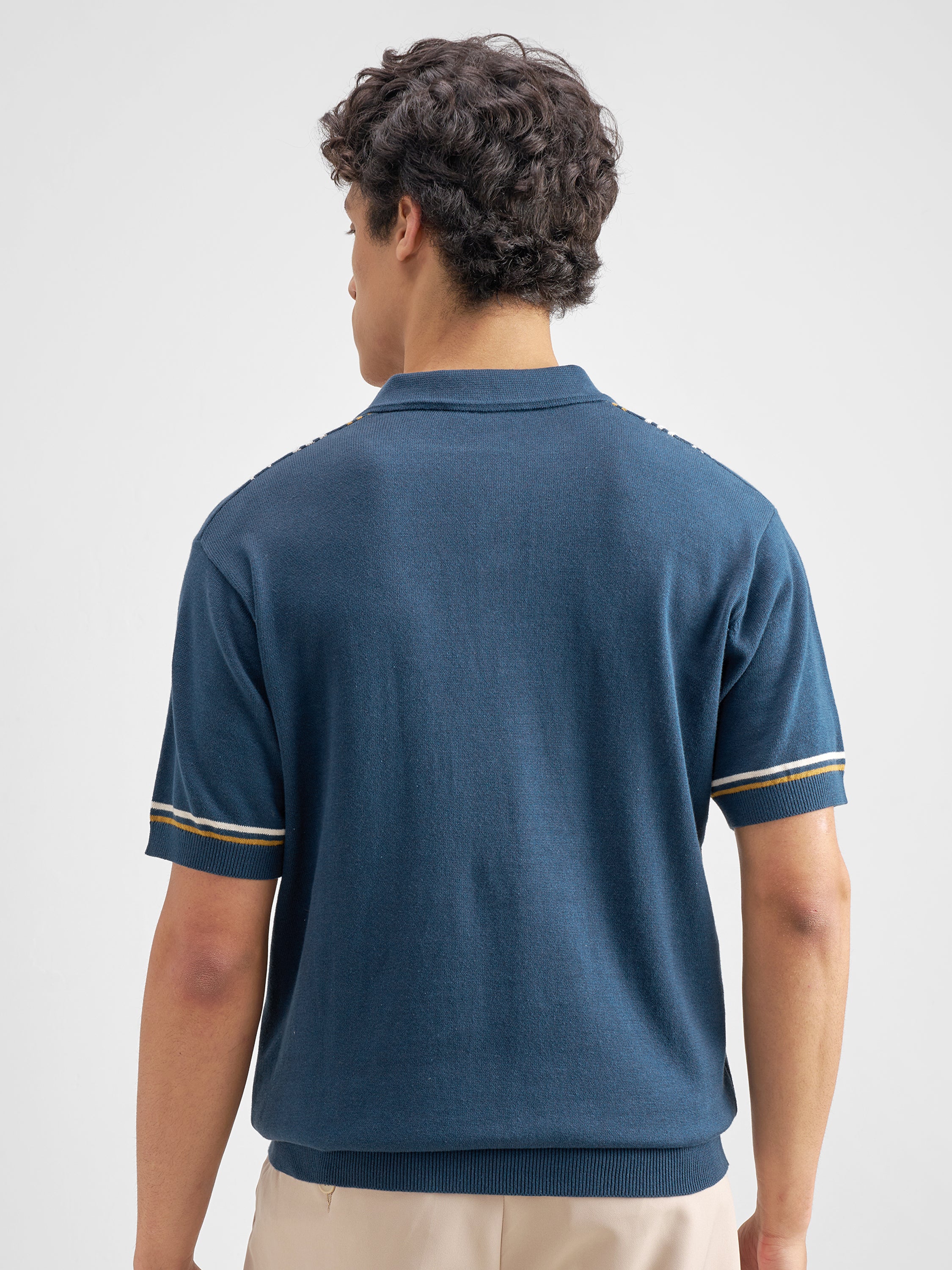 Highlander Men Navy Blue Striped Polo Collar T-Shirt - Navy Blue - Image 3