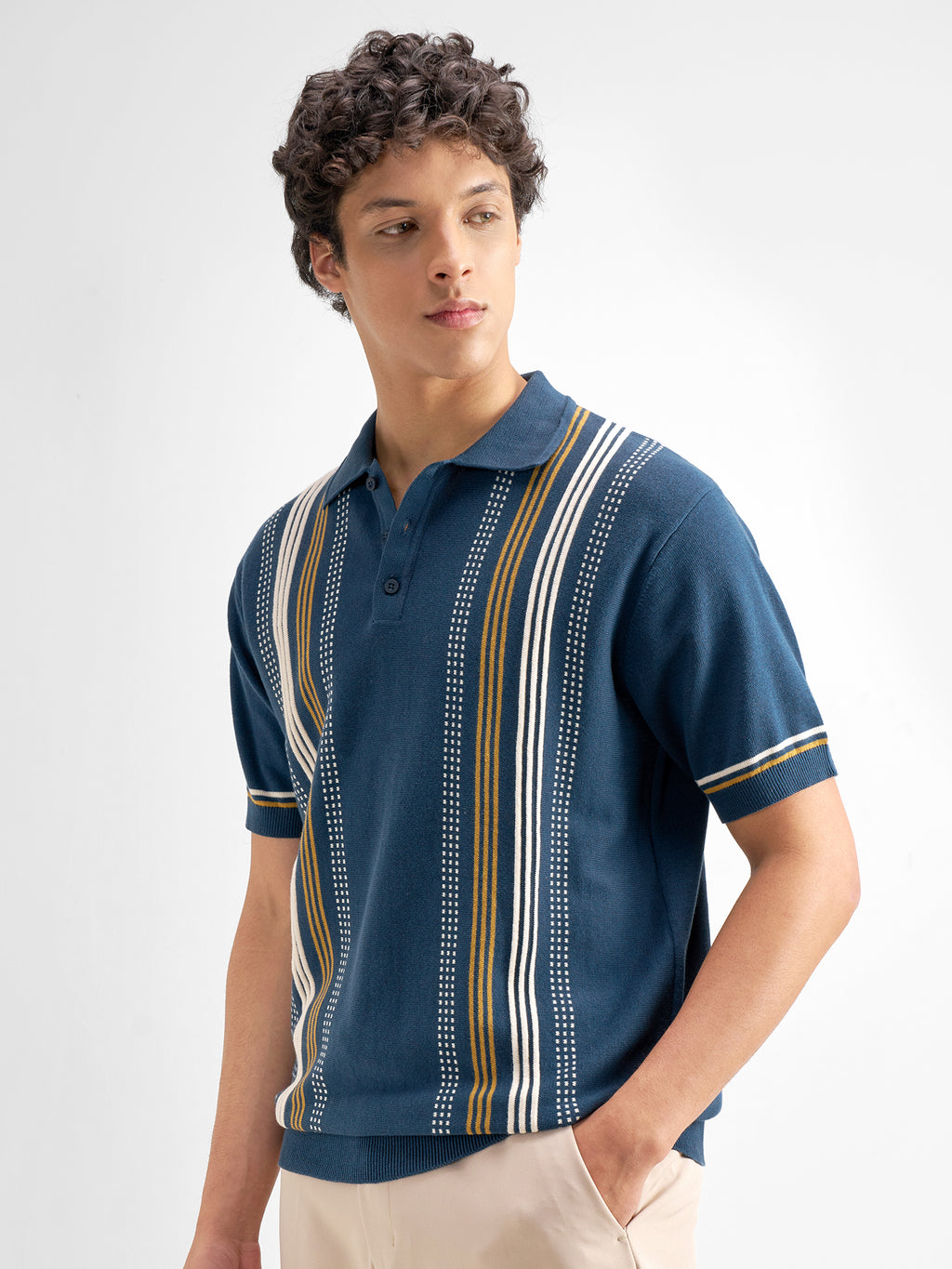 Highlander Men Navy Blue Striped Polo Collar T-Shirt - Navy Blue - Image 4