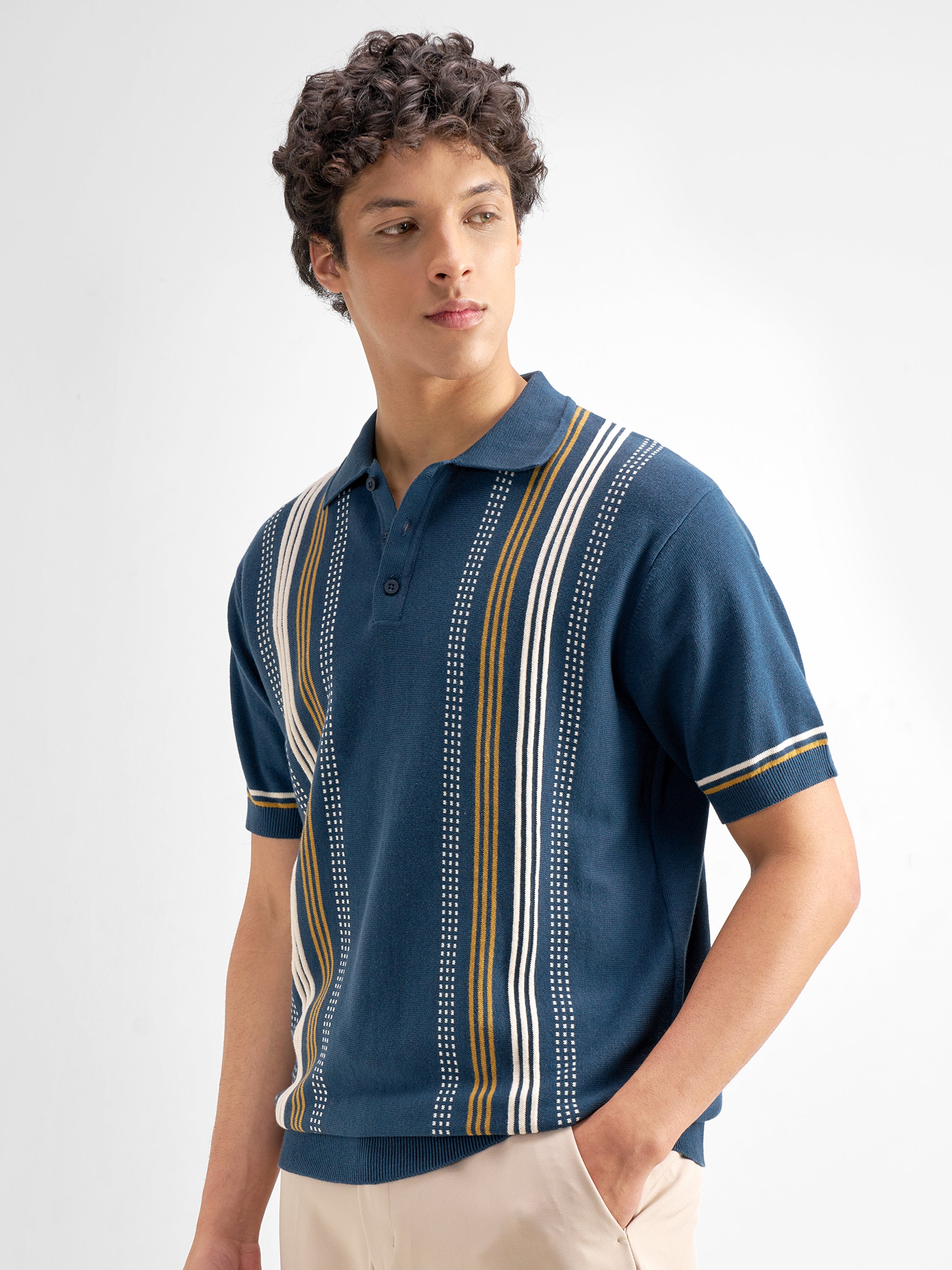 Highlander Men Navy Blue Striped Polo Collar T-Shirt - Navy Blue - Image 4
