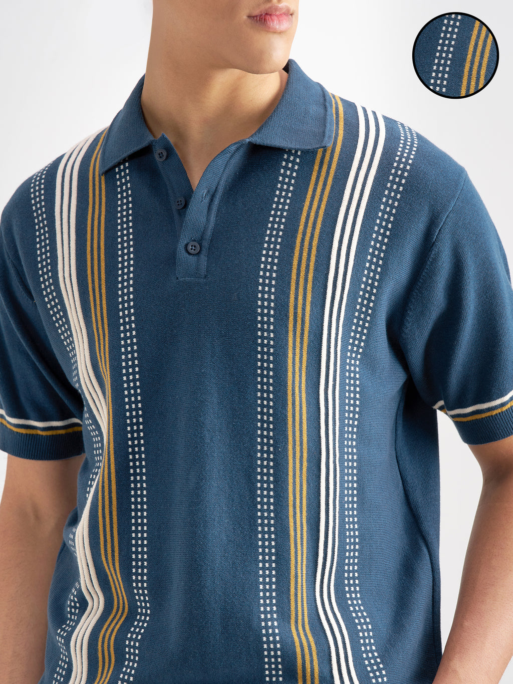 Highlander Men Navy Blue Striped Polo Collar T-Shirt - Navy Blue - Image 5