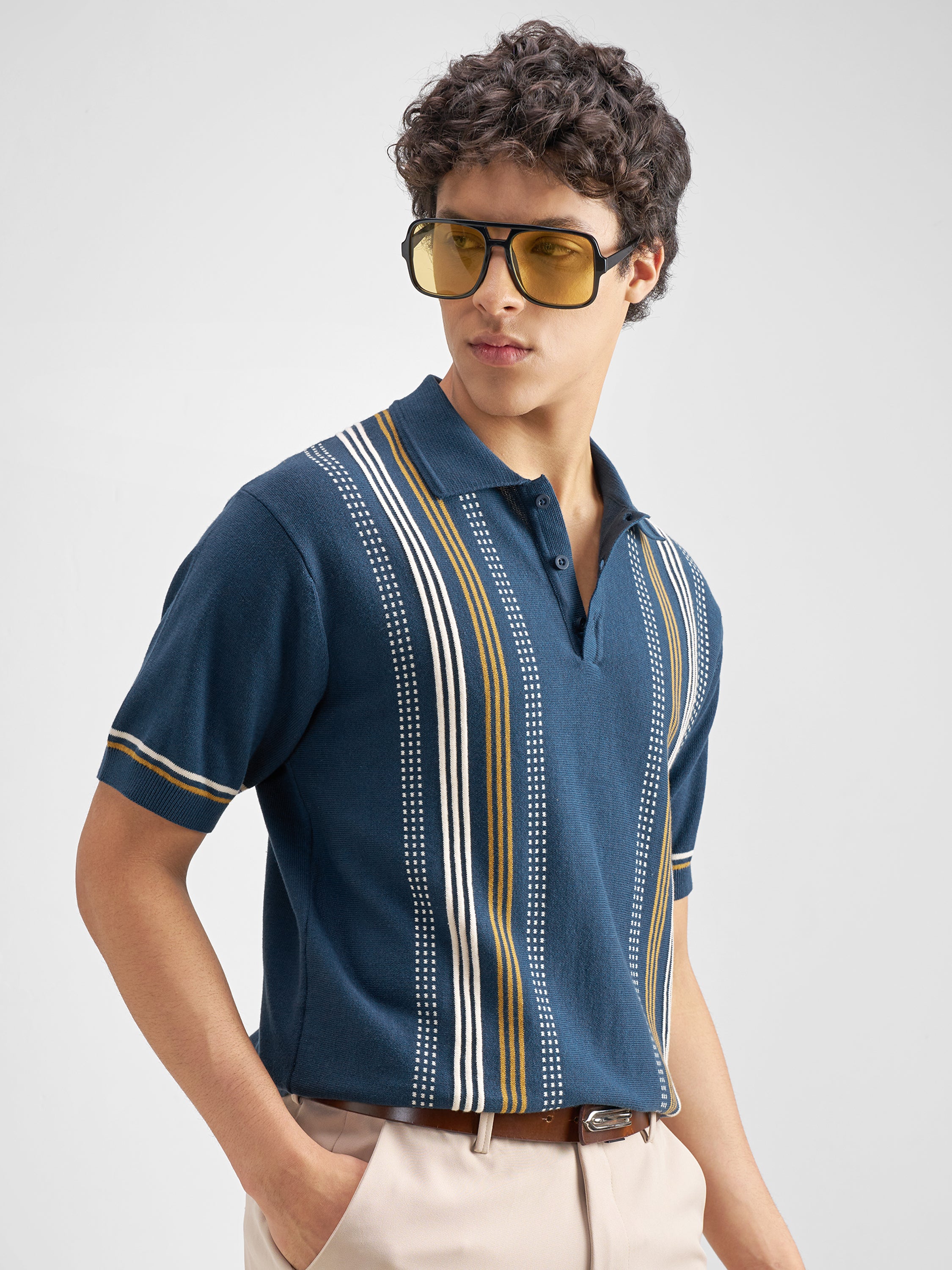 Highlander Men Navy Blue Striped Polo Collar T-Shirt - Navy Blue - Image 6