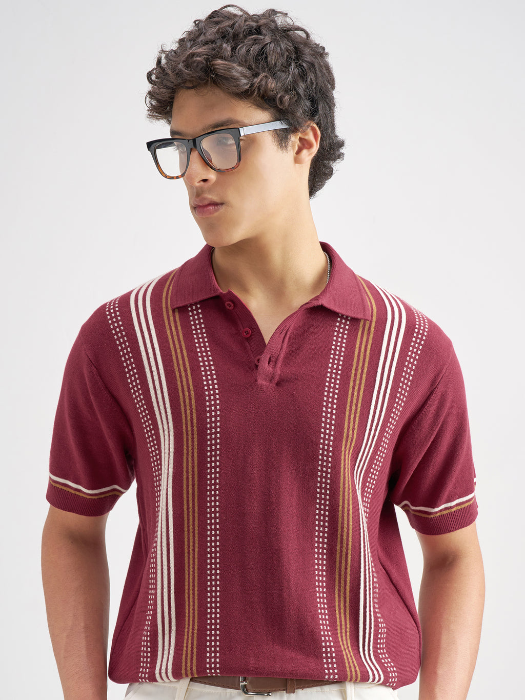 Highlander Men Burgundy Striped Polo Collar T-Shirt - Burgundy - Image 1