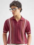 Highlander Men Burgundy Striped Polo Collar T-Shirt - Burgundy - Image 1