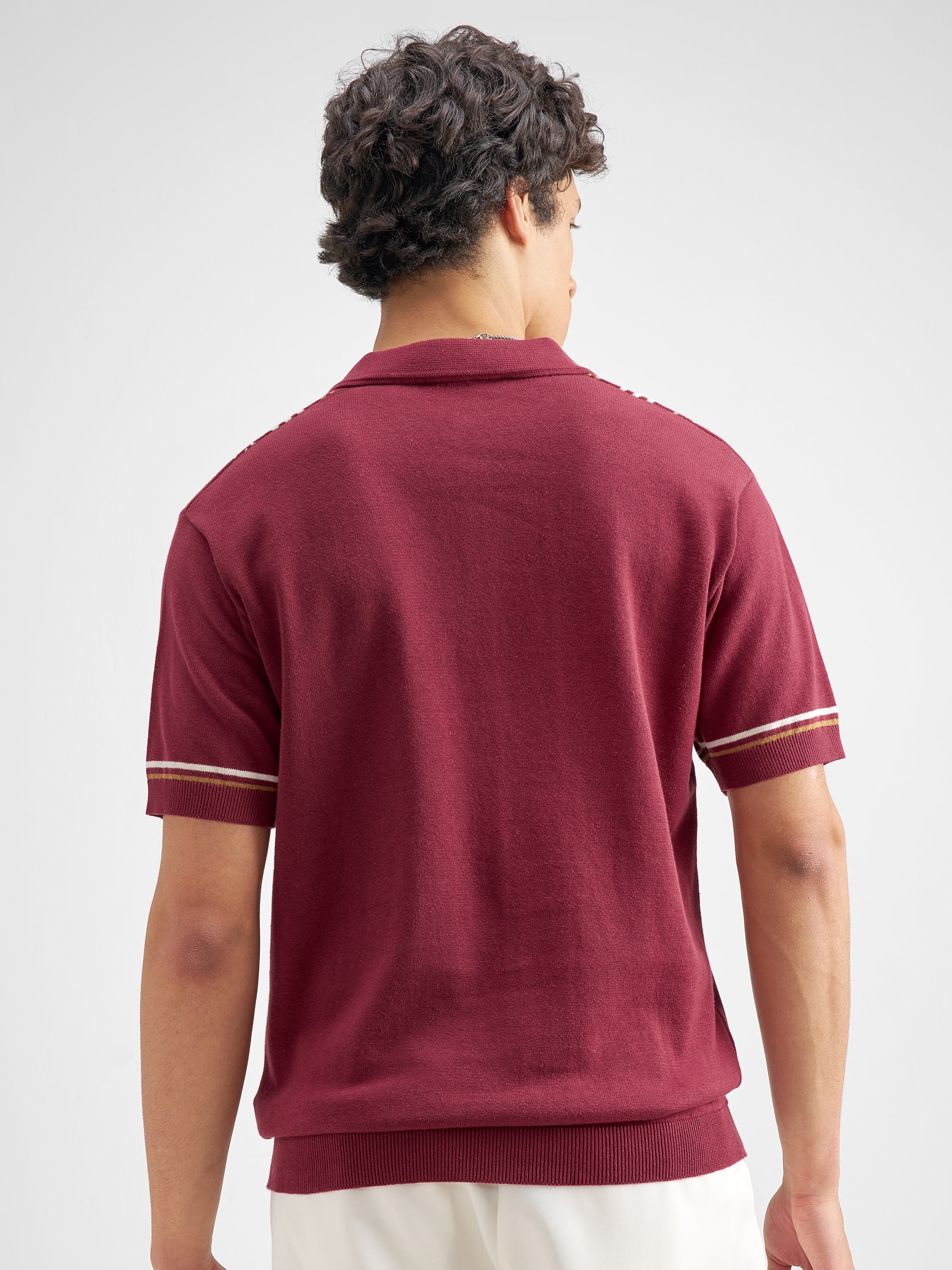 Highlander Men Burgundy Striped Polo Collar T-Shirt - Burgundy - Image 3