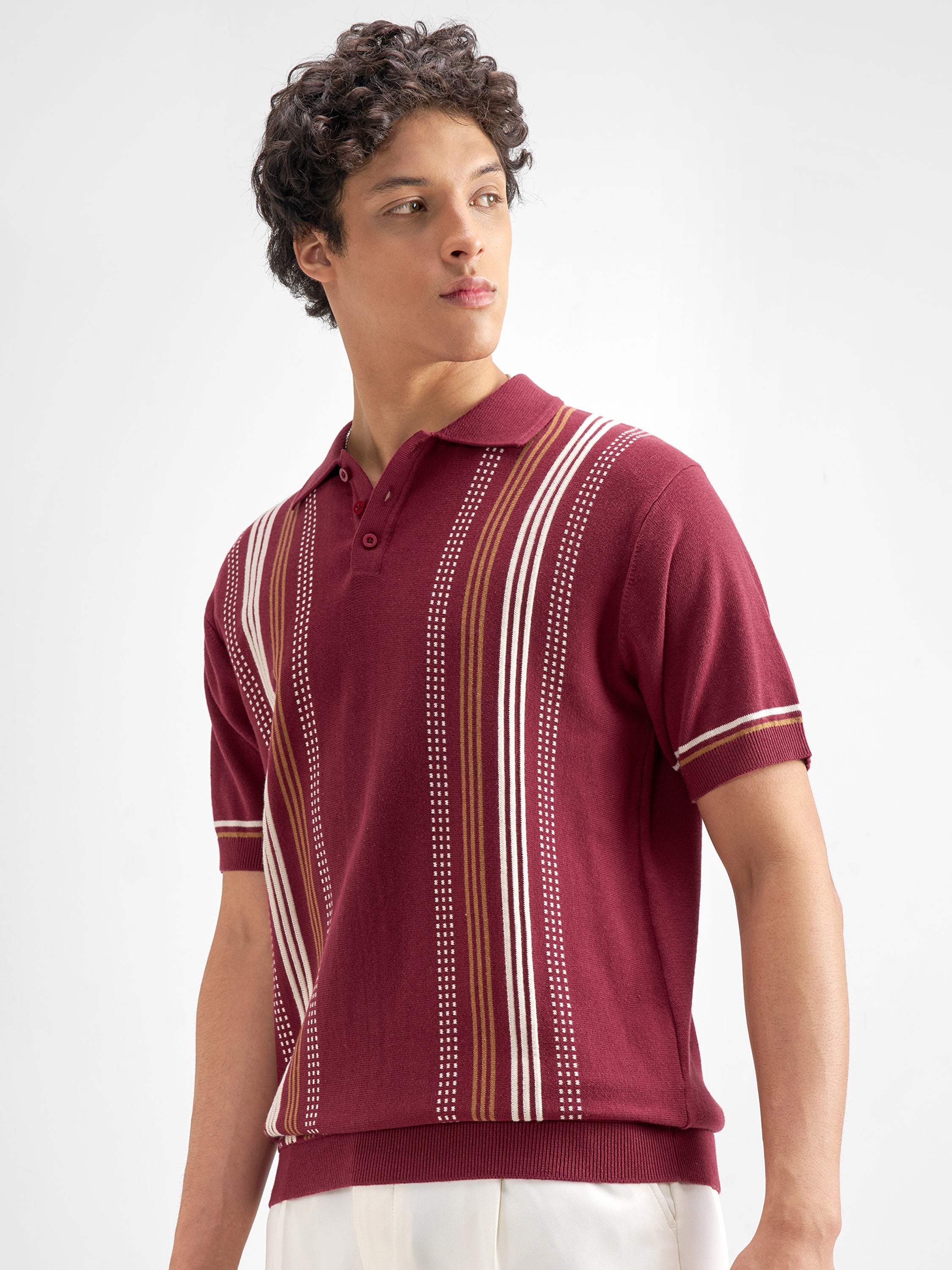 Highlander Men Burgundy Striped Polo Collar T-Shirt - Burgundy - Image 4