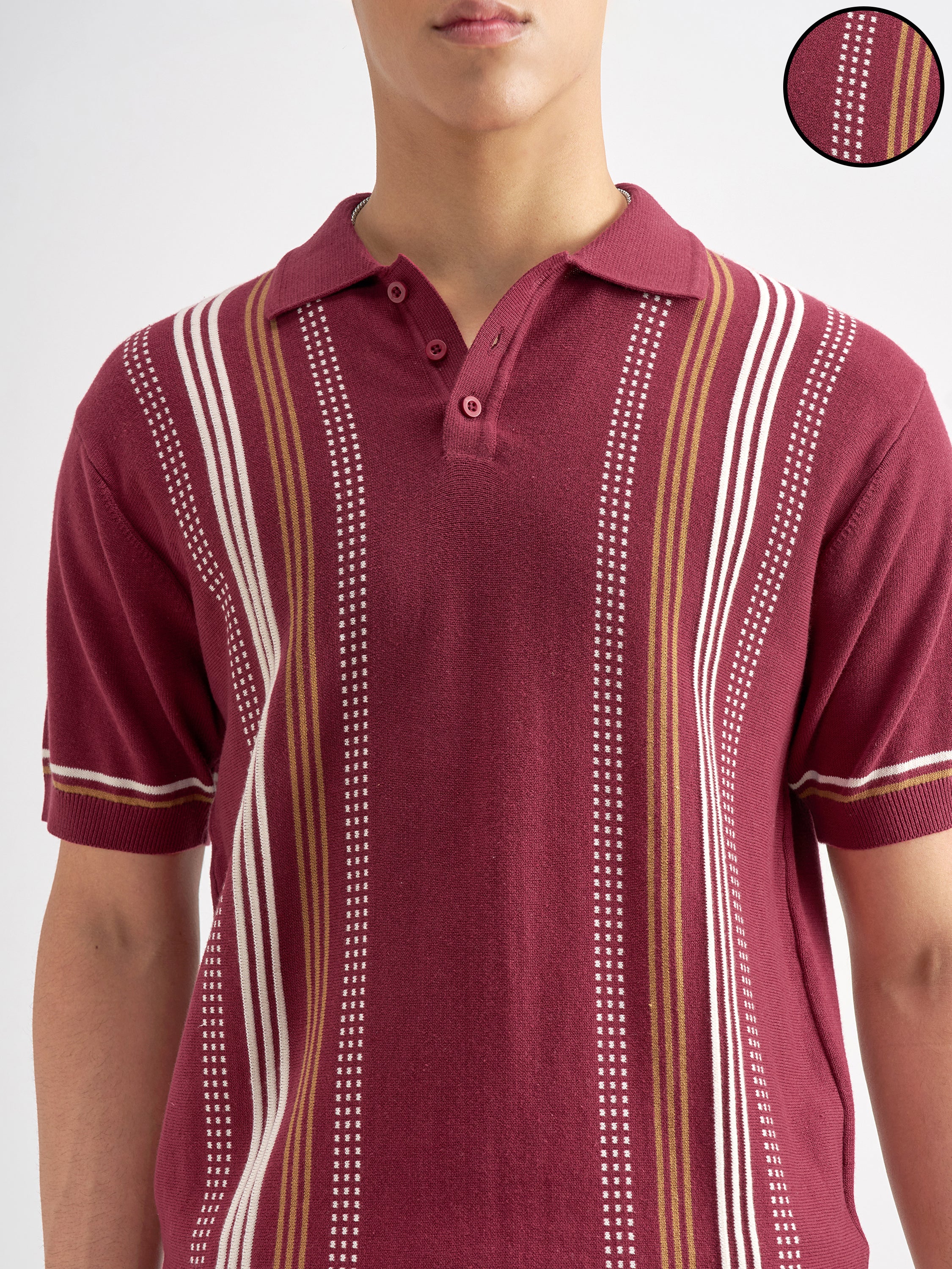 Highlander Men Burgundy Striped Polo Collar T-Shirt - Burgundy - Image 5