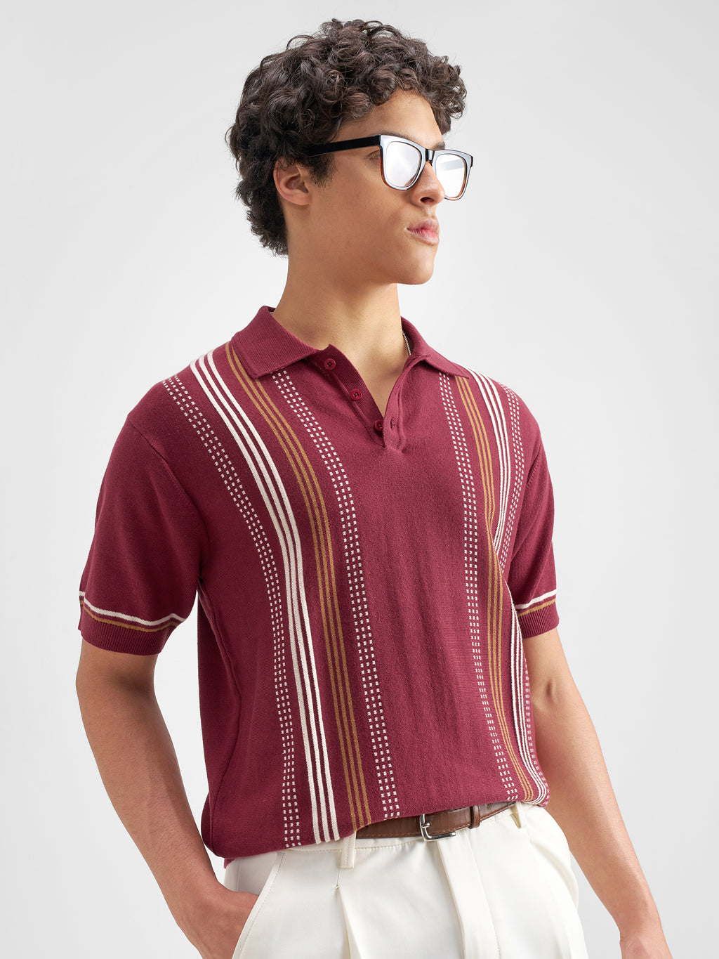 Highlander Men Burgundy Striped Polo Collar T-Shirt - Burgundy - Image 6