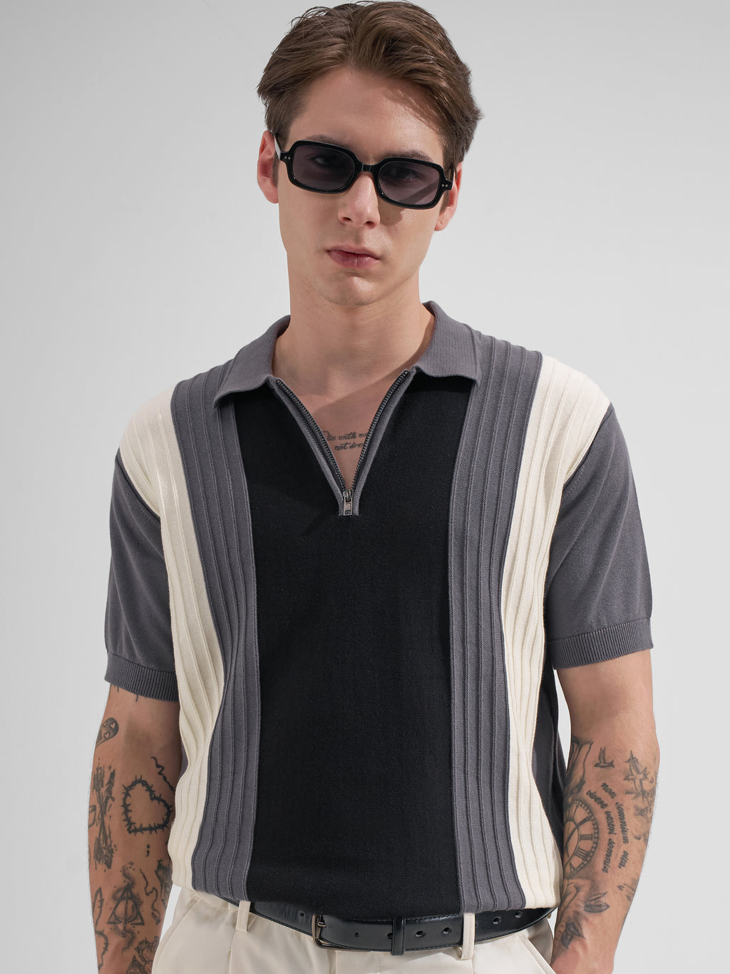 Highlander Men Grey Colourblocked Polo Collar T-Shirt