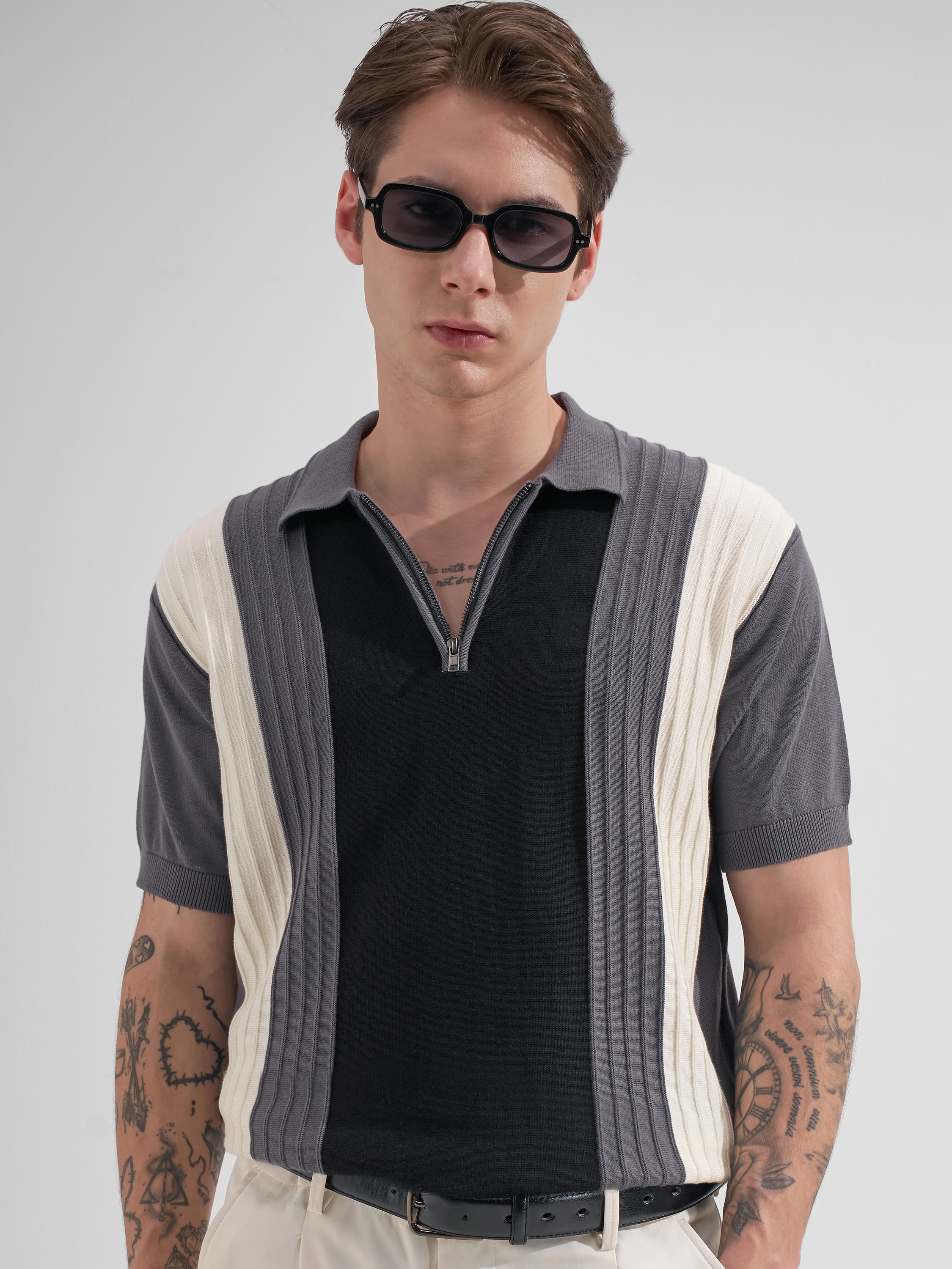 Highlander Men Grey Colourblocked Polo Collar T-Shirt