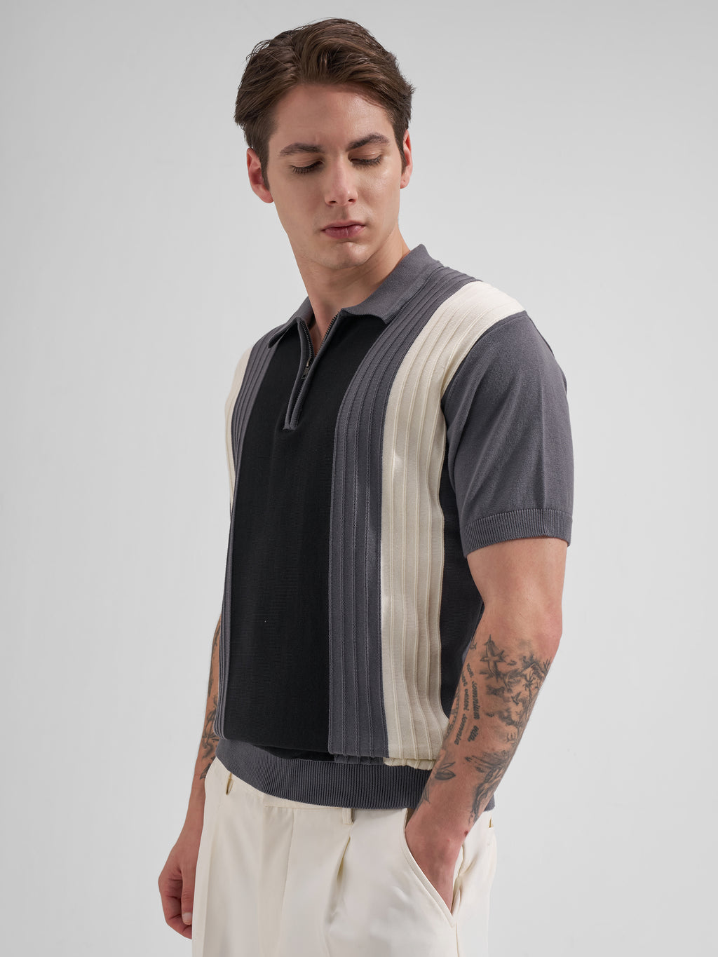Highlander Men Grey Colourblocked Polo Collar T-Shirt