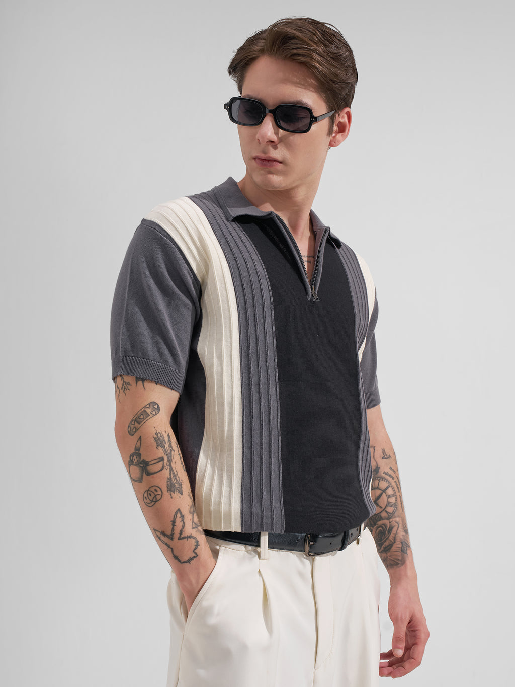 Highlander Men Grey Colourblocked Polo Collar T-Shirt