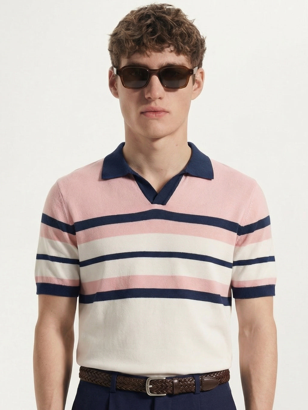 Highlander Men Pink Striped Polo Collar T-Shirt - Pink - Image 1