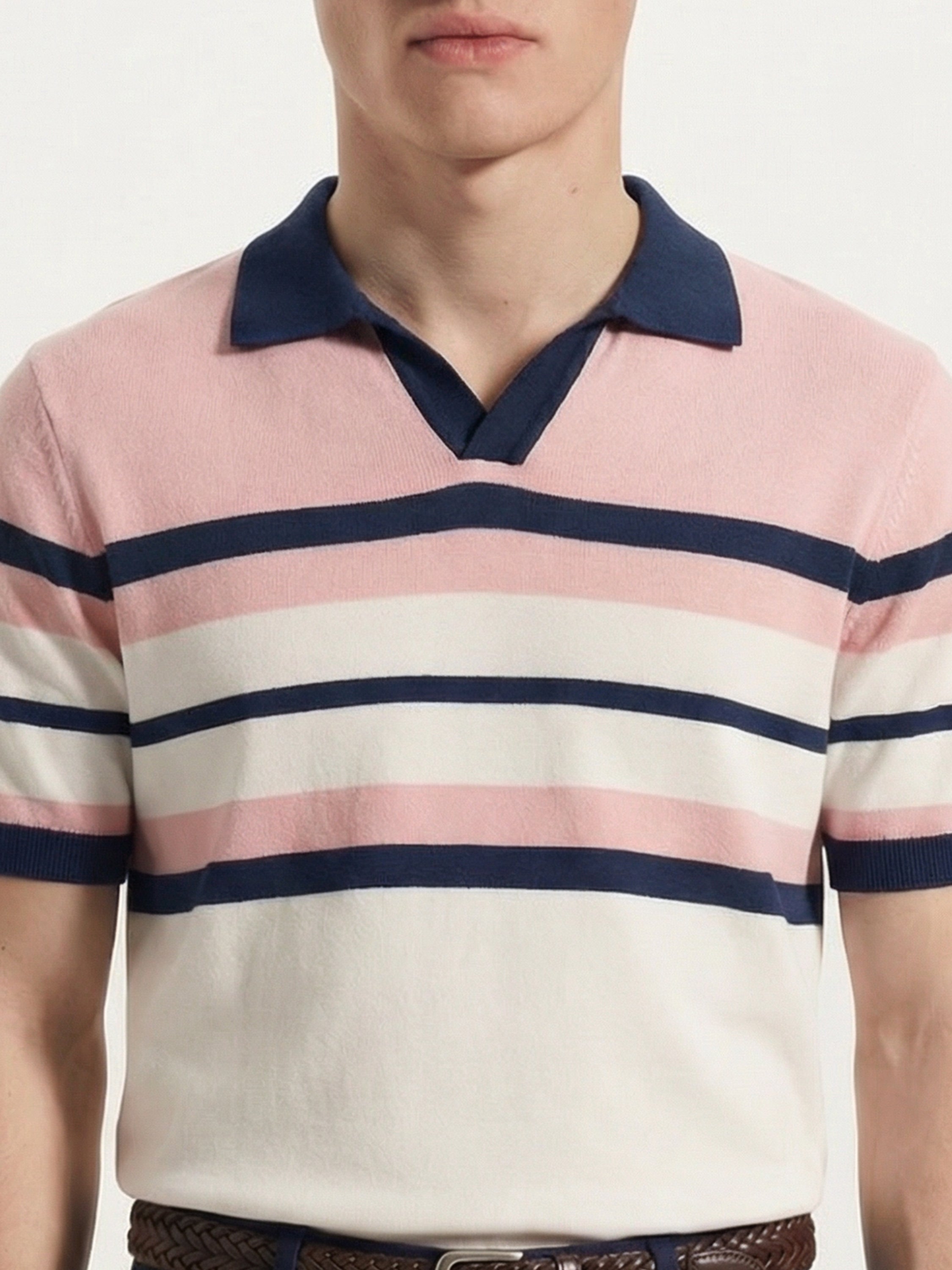 Highlander Men Pink Striped Polo Collar T-Shirt - Pink - Image 6