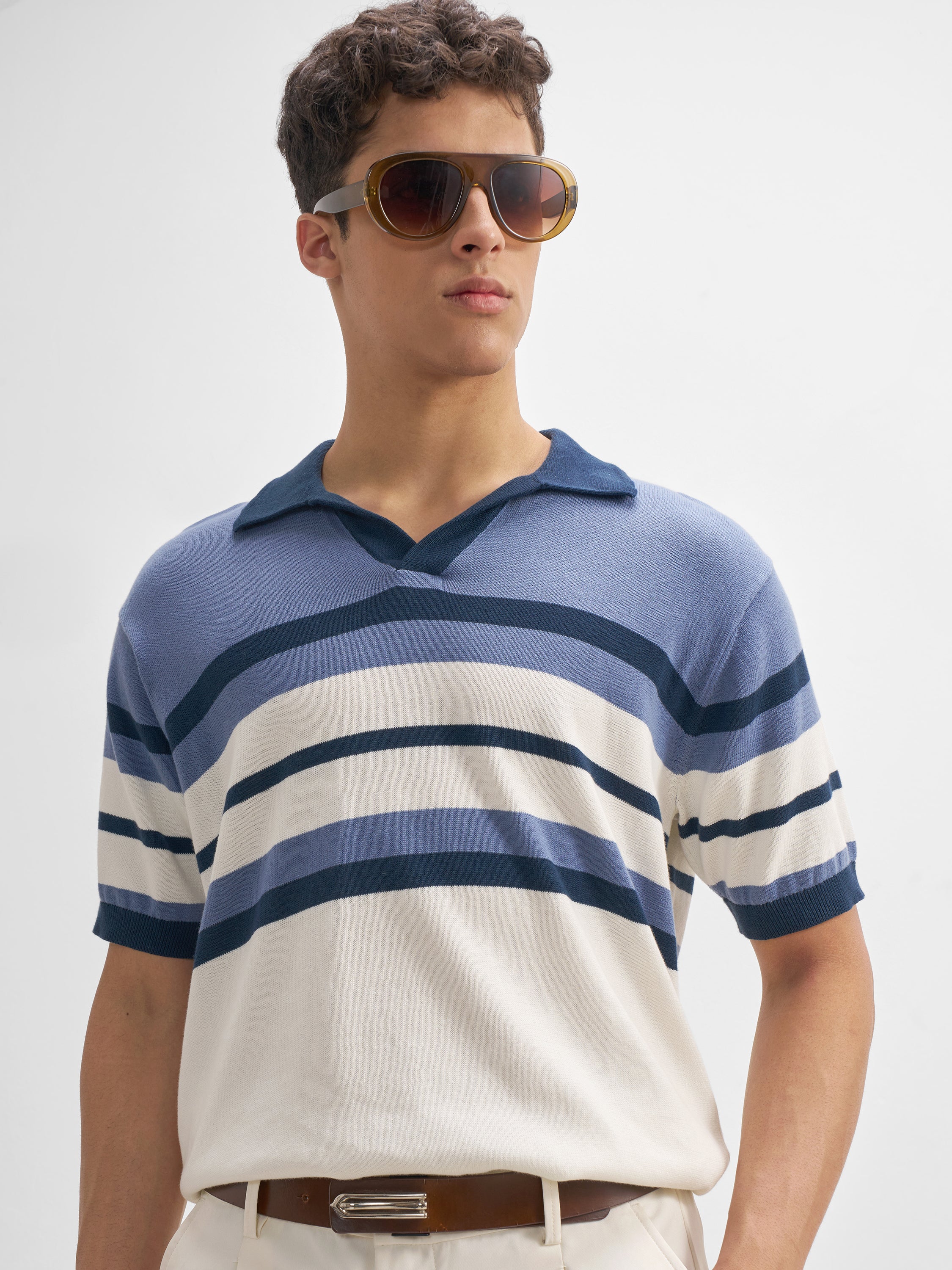 Highlander Men Blue Striped Polo Collar T-Shirt - Blue - Image 1