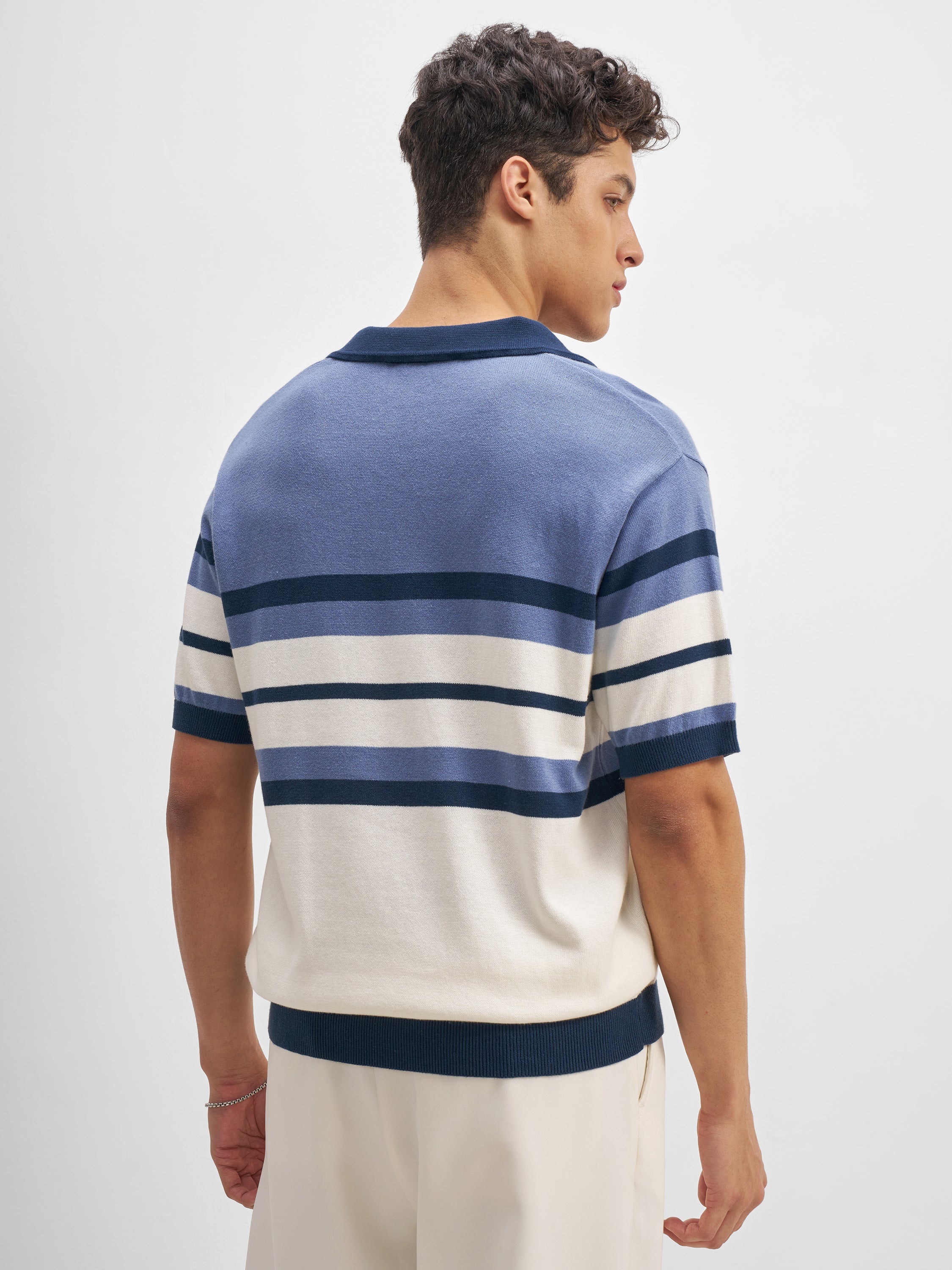Highlander Men Blue Striped Polo Collar T-Shirt - Blue - Image 3