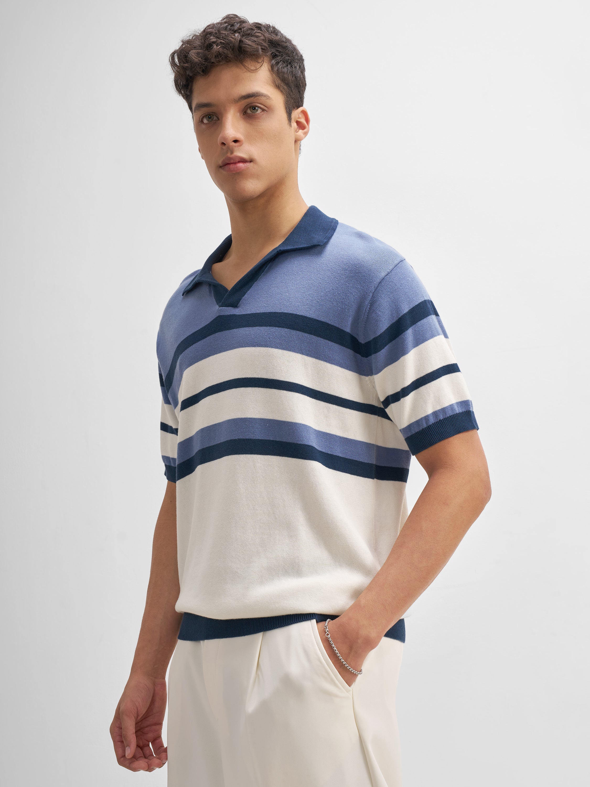 Highlander Men Blue Striped Polo Collar T-Shirt - Blue - Image 4