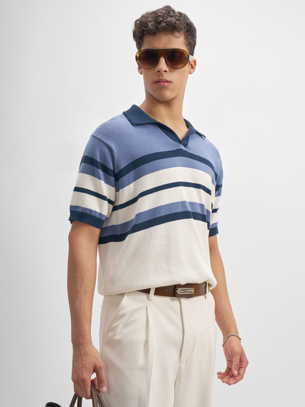Highlander Men Blue Striped Polo Collar T-Shirt - Blue - Image 6