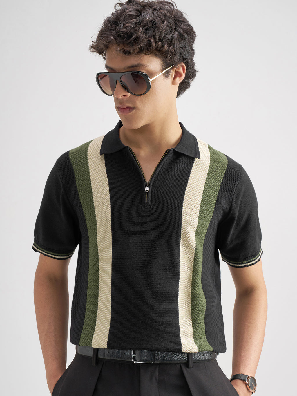 Highlander Men Black Self Design Polo Collar T-Shirt - Black - Image 1