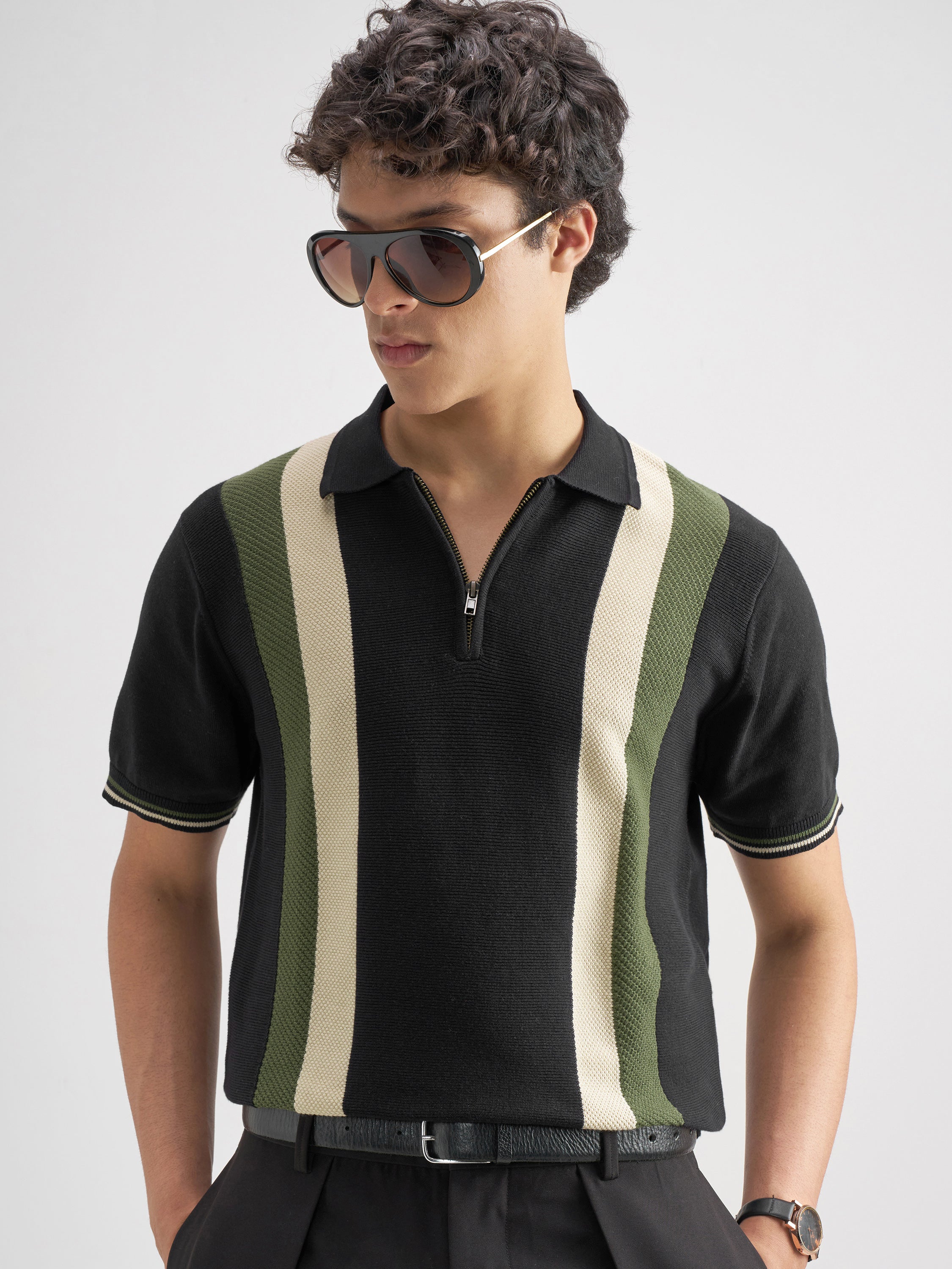 Highlander Men Black Self Design Polo Collar T-Shirt - Black - Image 1