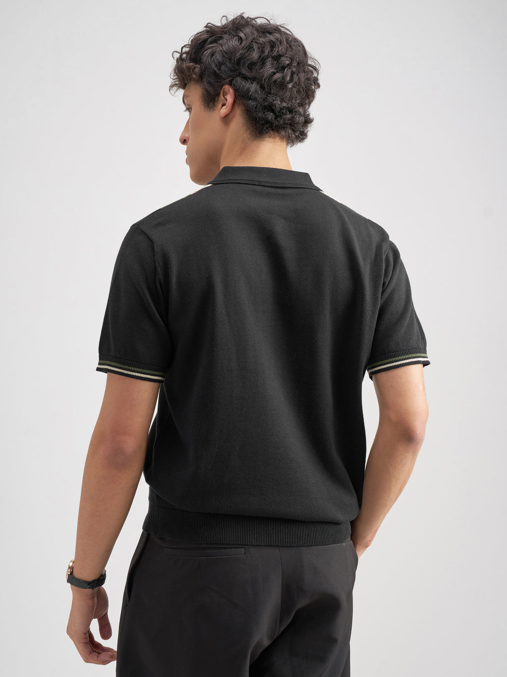 Highlander Men Black Self Design Polo Collar T-Shirt - Black - Image 3