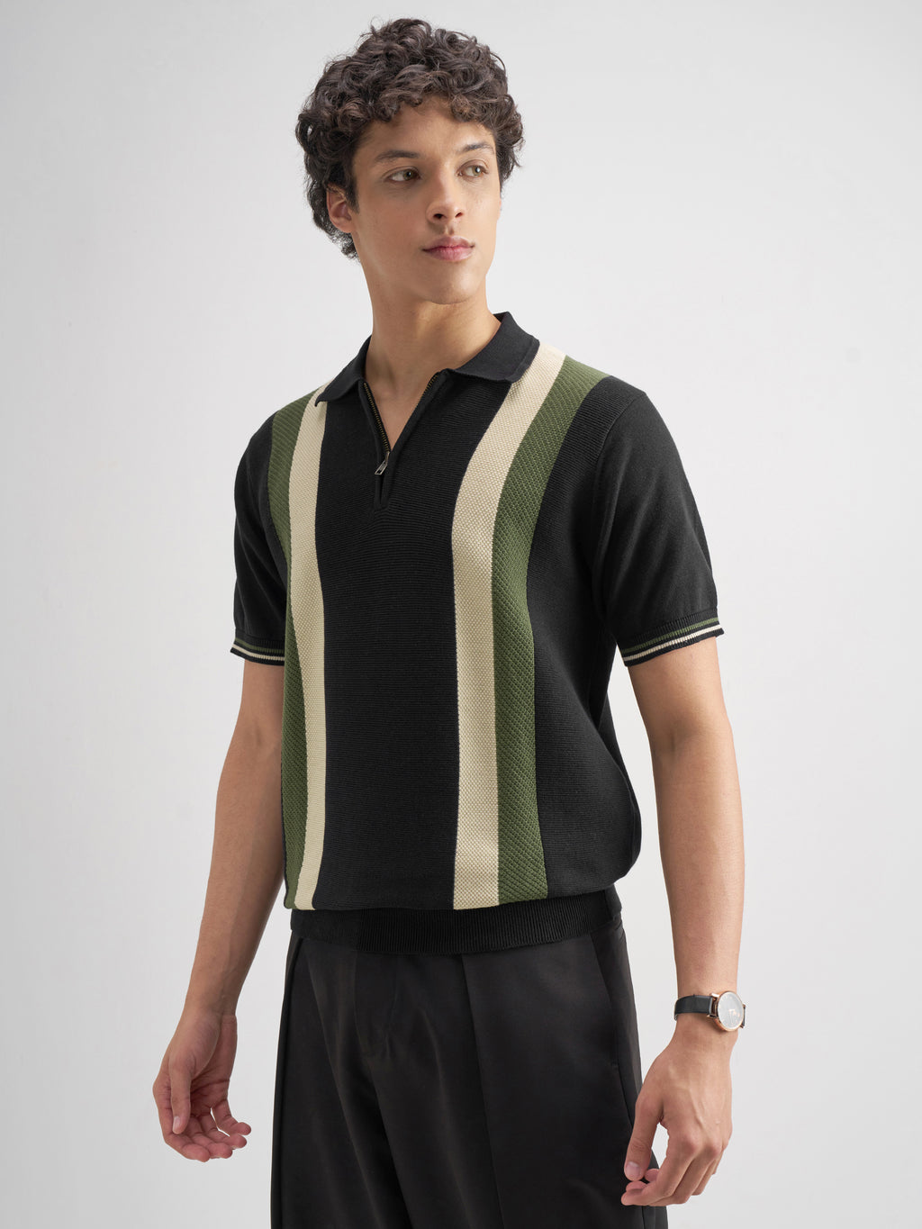 Highlander Men Black Self Design Polo Collar T-Shirt - Black - Image 4