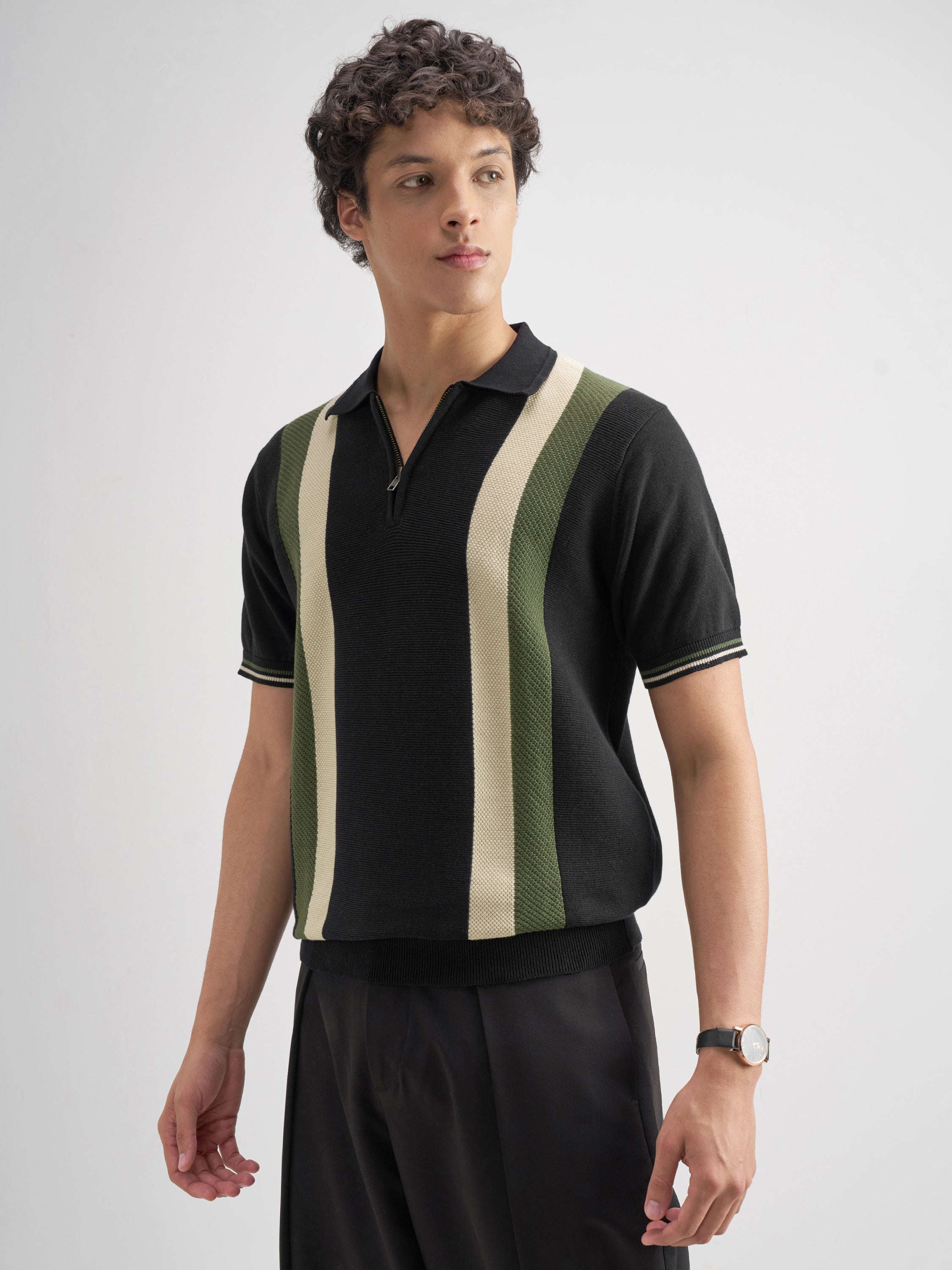 Highlander Men Black Self Design Polo Collar T-Shirt - Black - Image 4