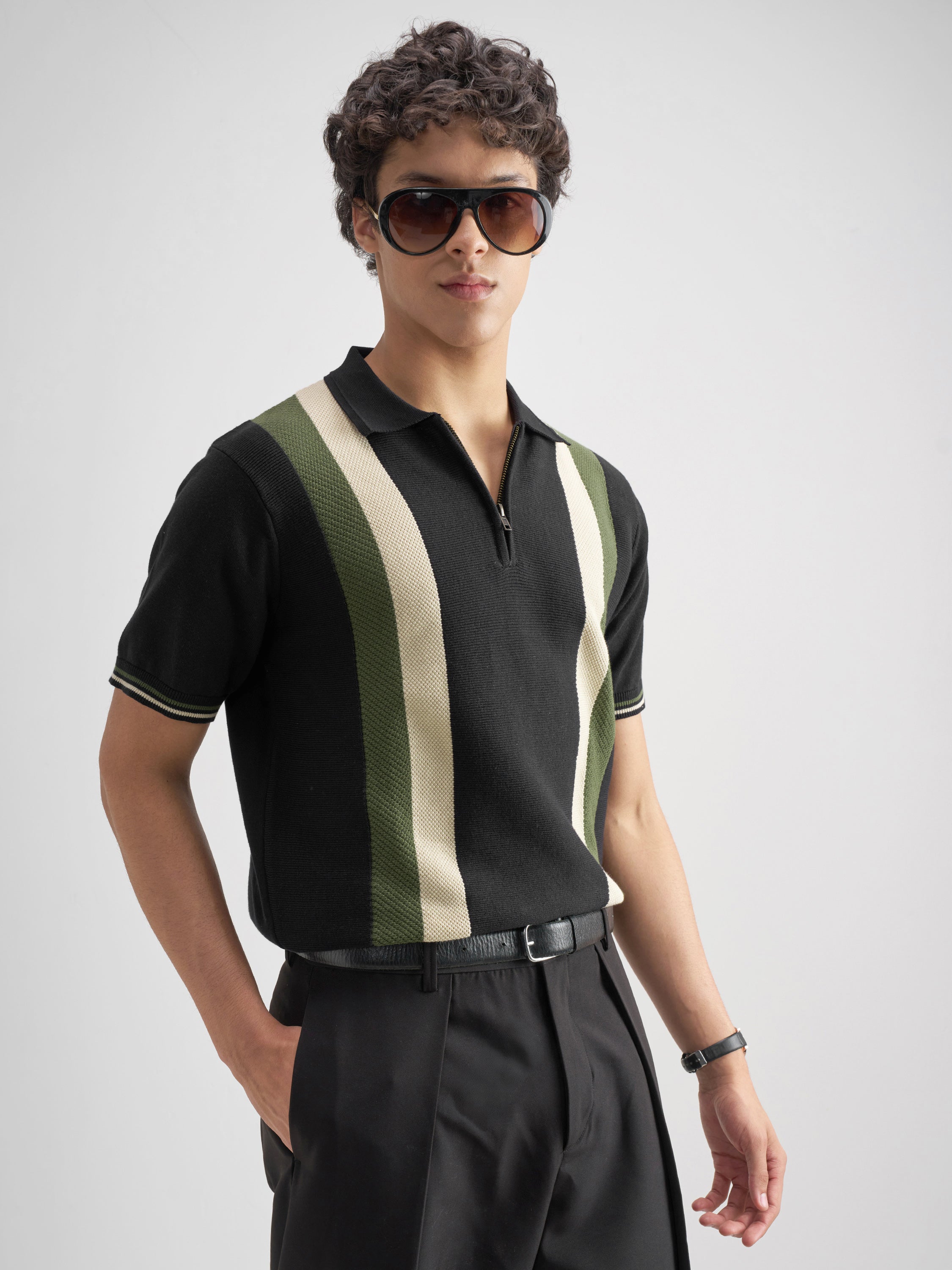 Highlander Men Black Self Design Polo Collar T-Shirt - Black - Image 6